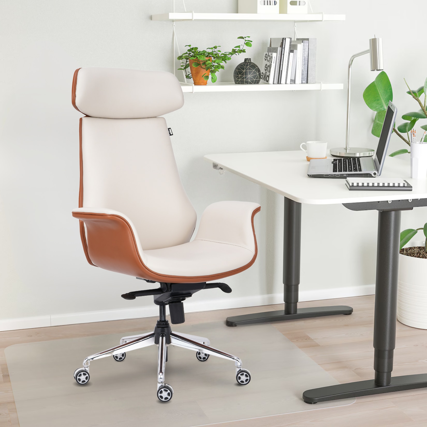 Shark Leatherette High Back Office Chair In Cream And Tan