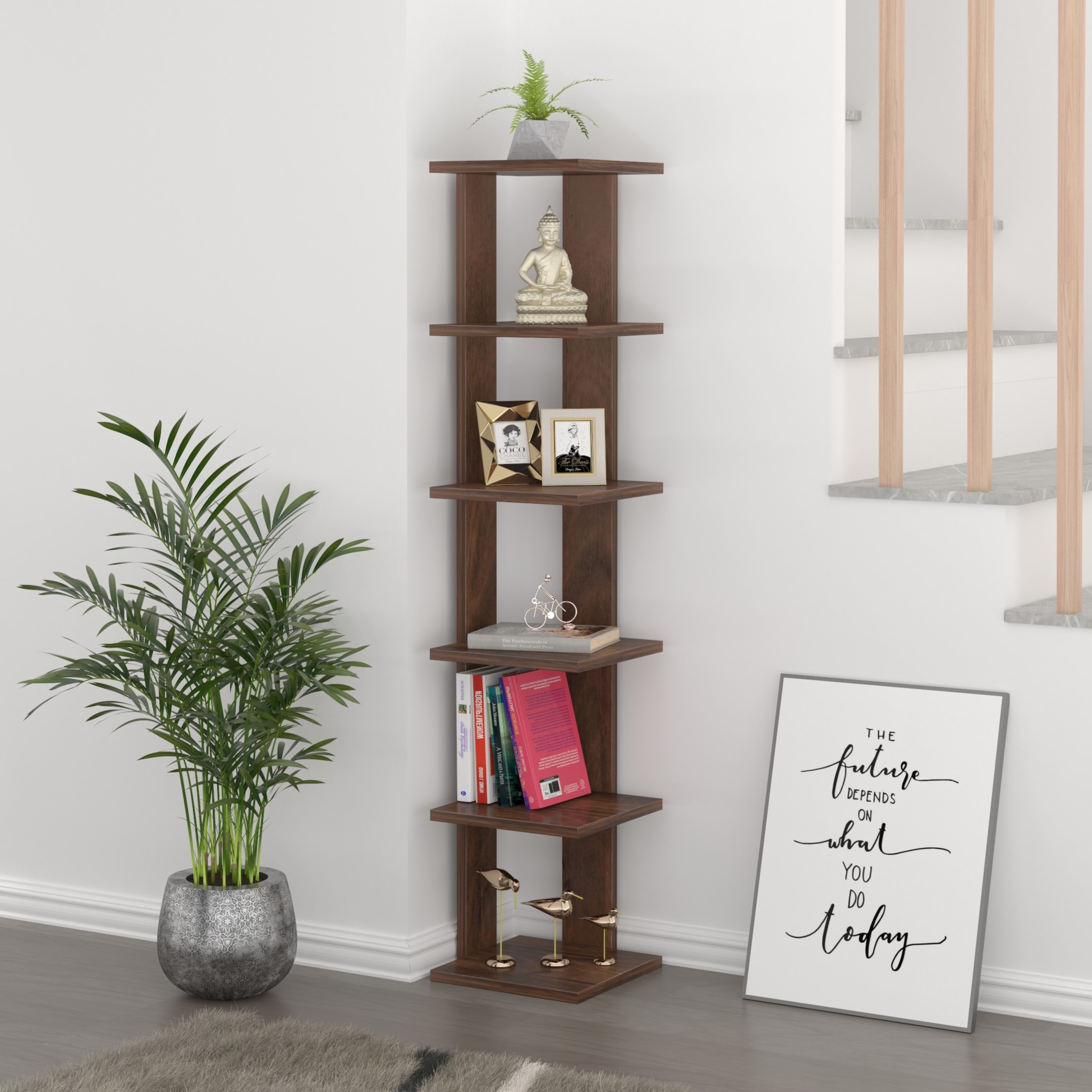 BLUEWUD Braine Engineered Wood Multipurpose Wall Decor Floating & Free Standing Shelf Display Rack Decorative Hall D�cor for Living Room Home Furniture (6 Square Shelves) (Brown Maple)