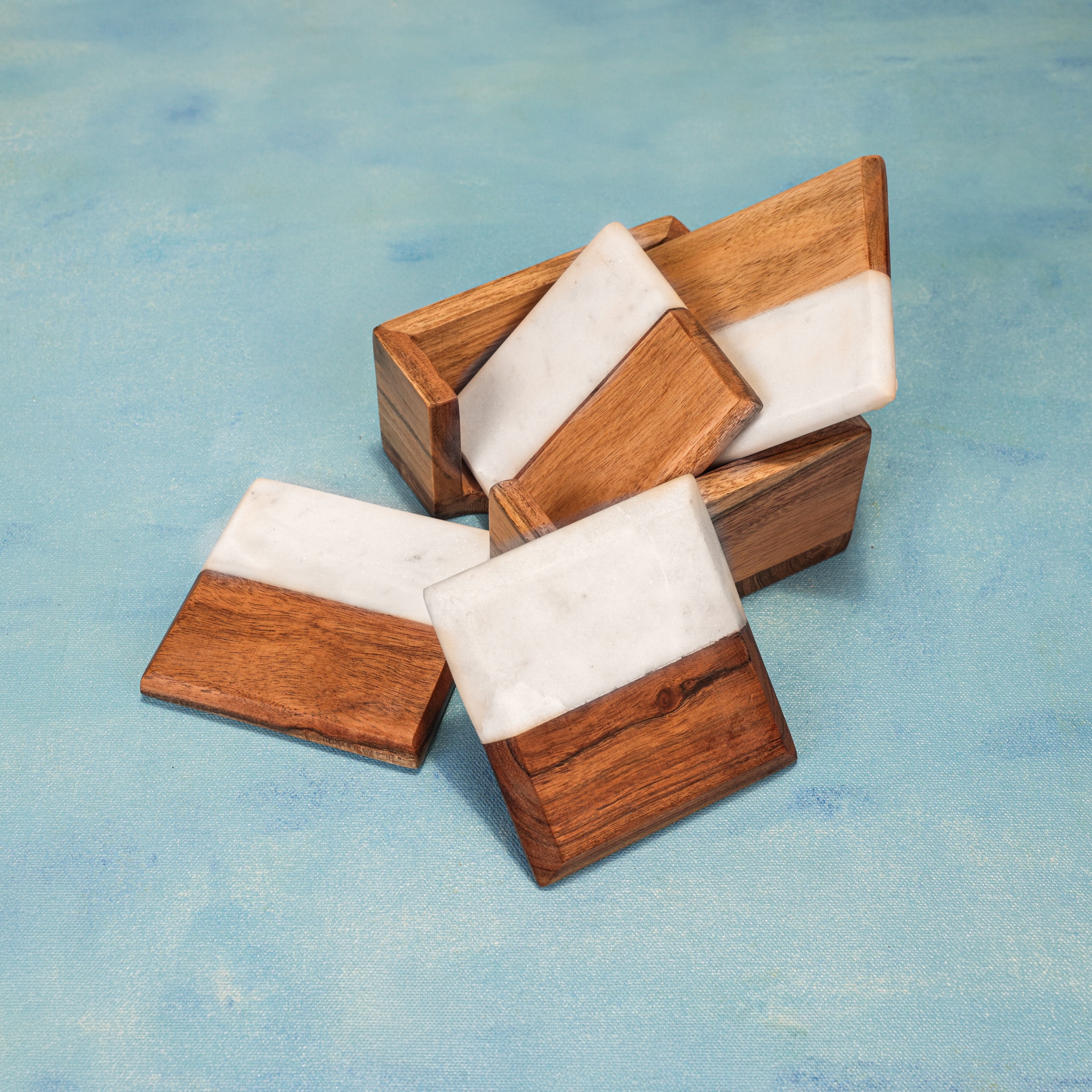 Ireka Home Timber & Stone Wood and Marble Coaster Set with Holder – Set of 4 - Ireka Homes