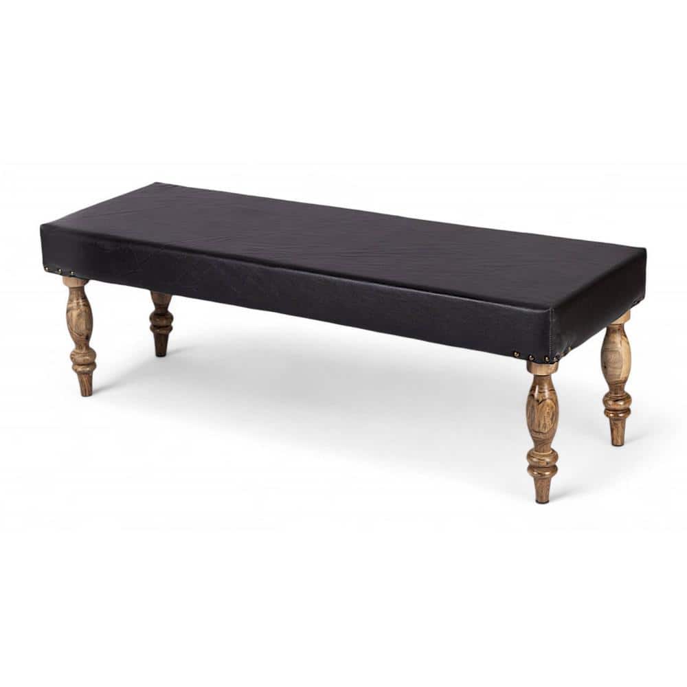 Cairo Sheesham Wood Accent 3 Seater Bench In Black Leatherite