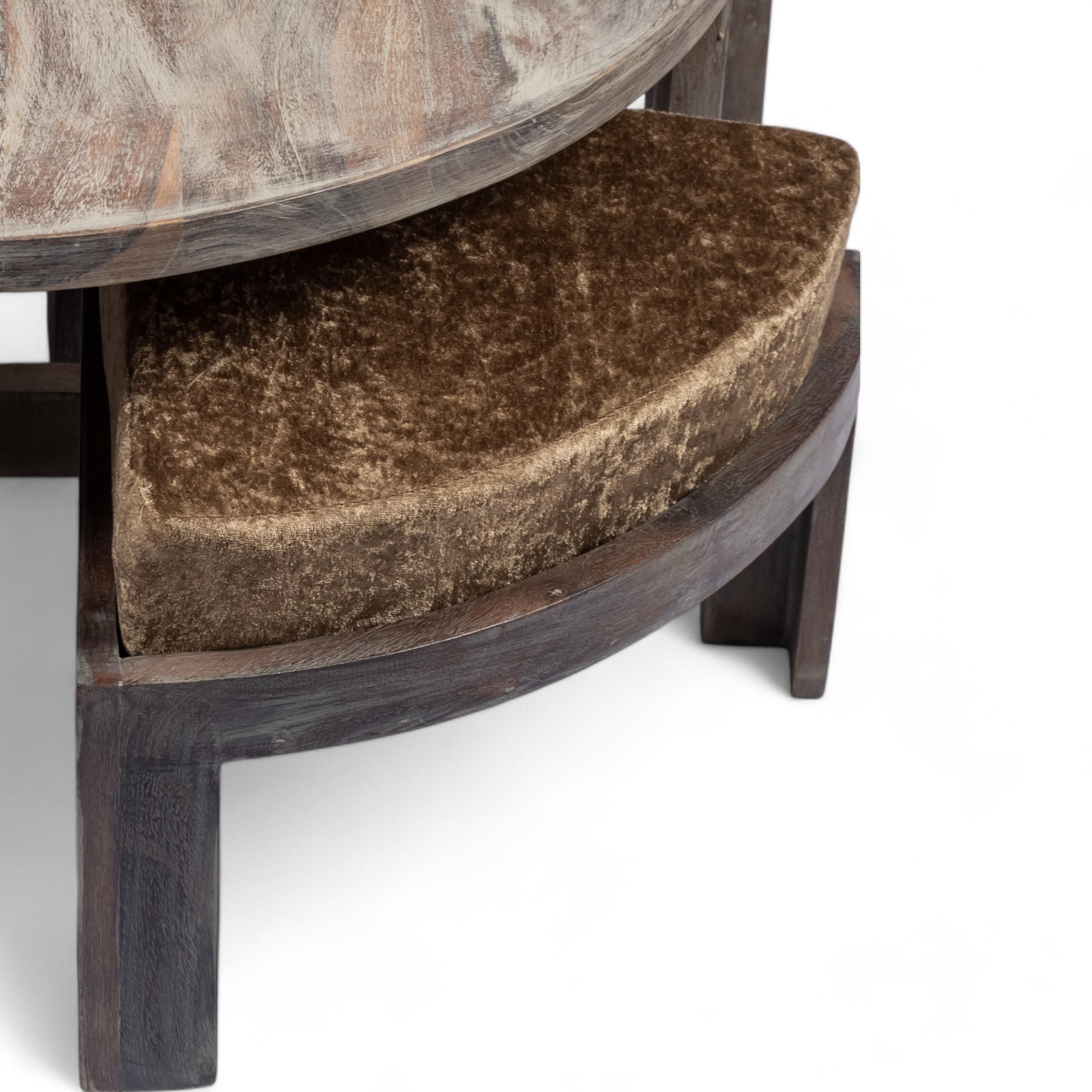 Nashville Sheesham Wood 4 Seater Coffee Table Set In Antique Grey Finish Green Sparkle Velvet Cushion