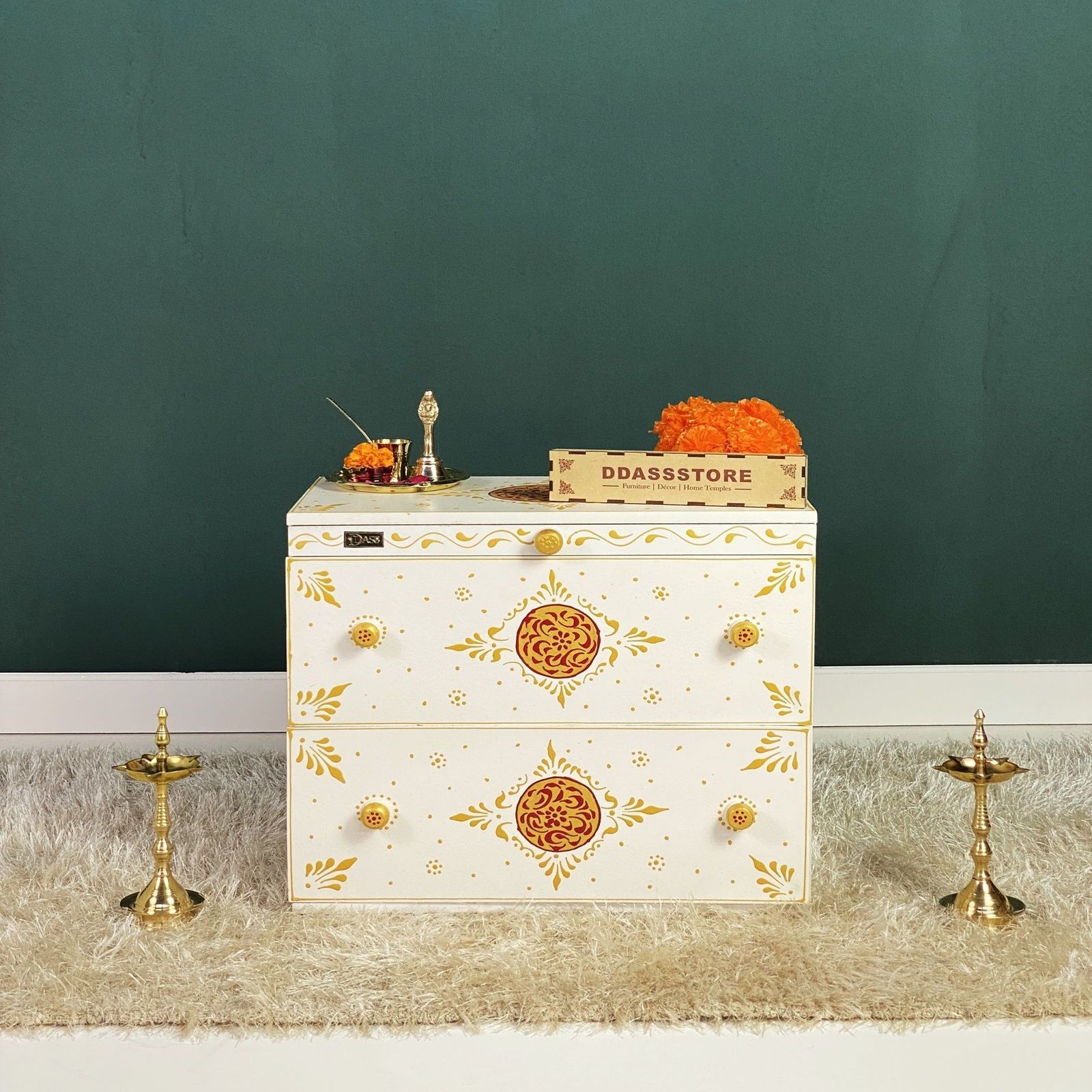 D'Dass Multi Color Mdf and Sheesham Wooden Temple With Cabinet For Pooja - D'DASS