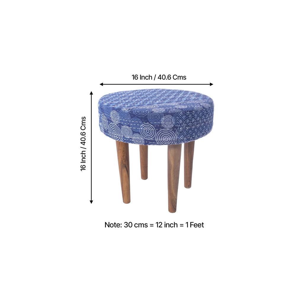 Nayla Solid Wood Stool in Indigo Patch Kantha Fabric