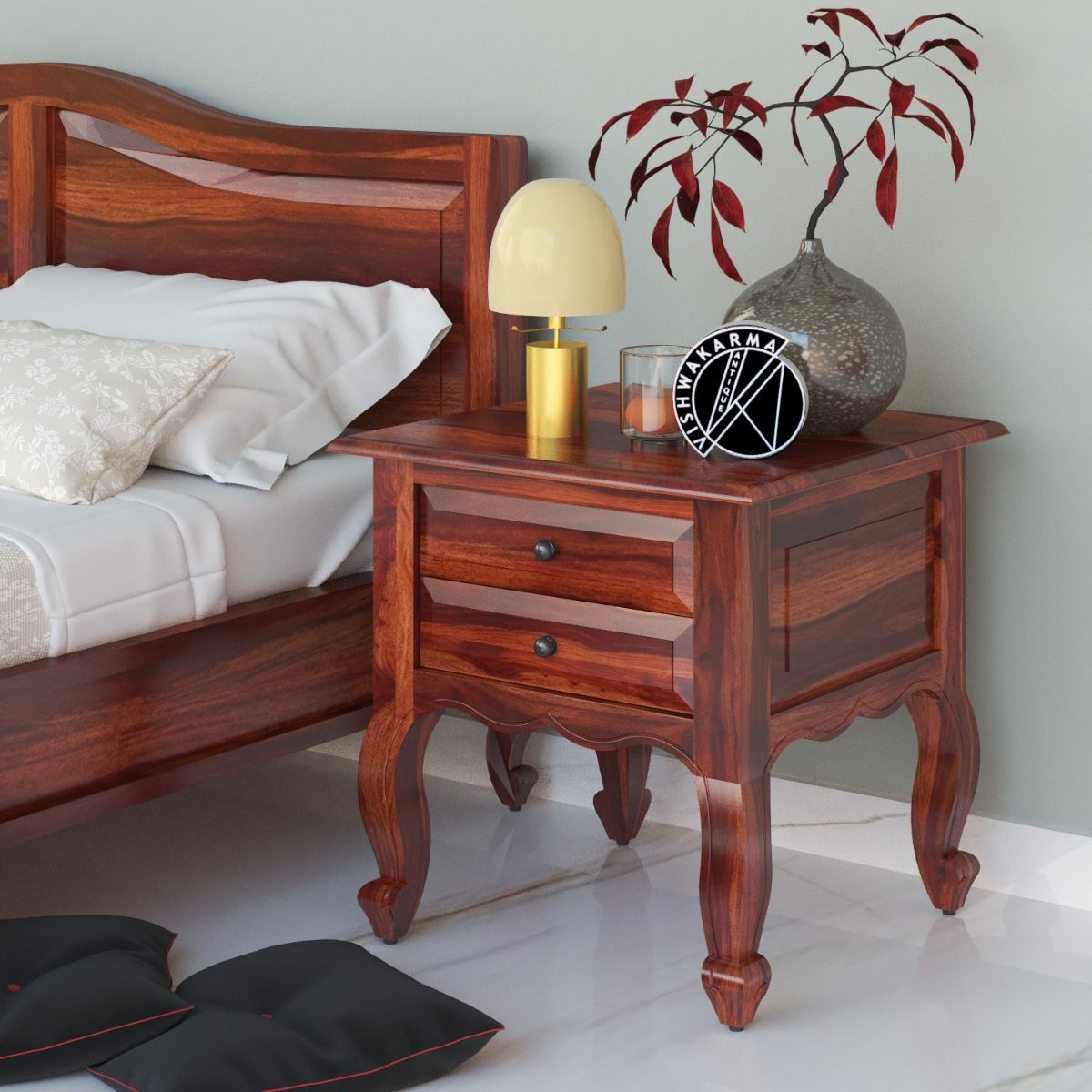 Zander Bedside In Brown Finish - Vishwakarma Antique