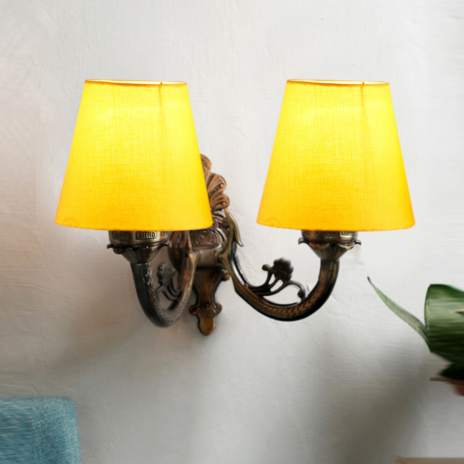 Devansh Metal Electric Wall Light in Antique Gold Colour with Yellow Shade Count of 2 Lights - Devansh