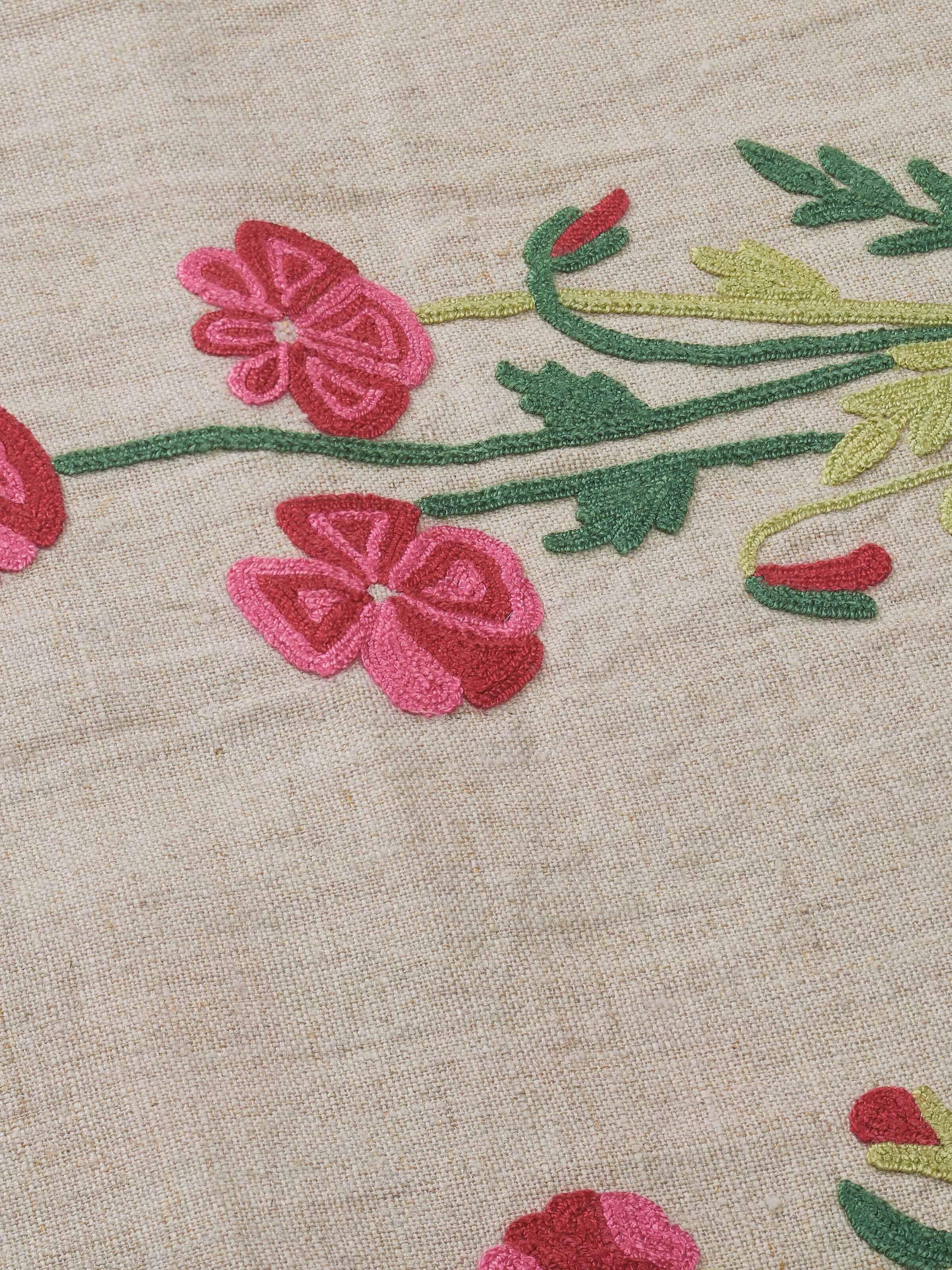 Mughal Miniature Magenta Buta Linen Kashmir Chain Stitch Hand Embroidery Table Runner