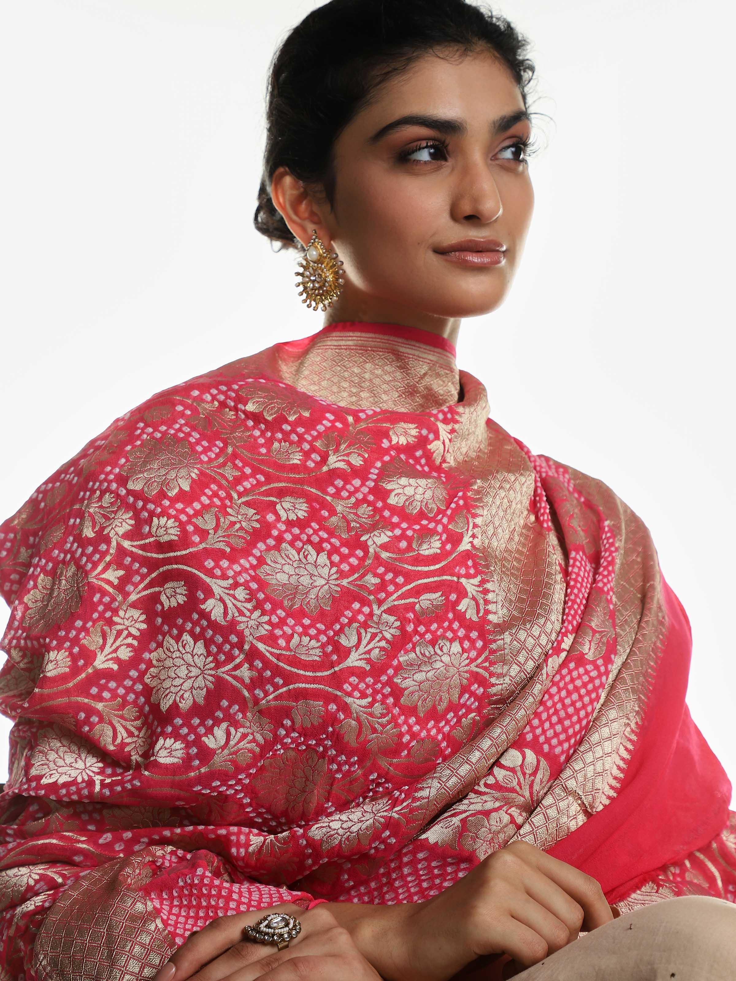 Coral Banarasi Crepe Bandhani Tie & Dye Dupatta