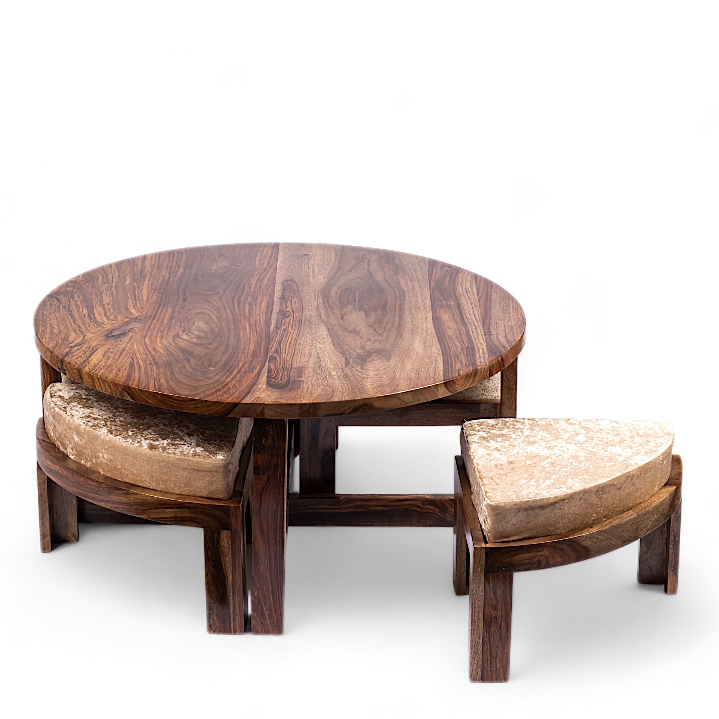 Nashville Sheesham Wood 4 Seater Coffee Table Set In Teak Finish Ivory Sparkle Velvet Cushion