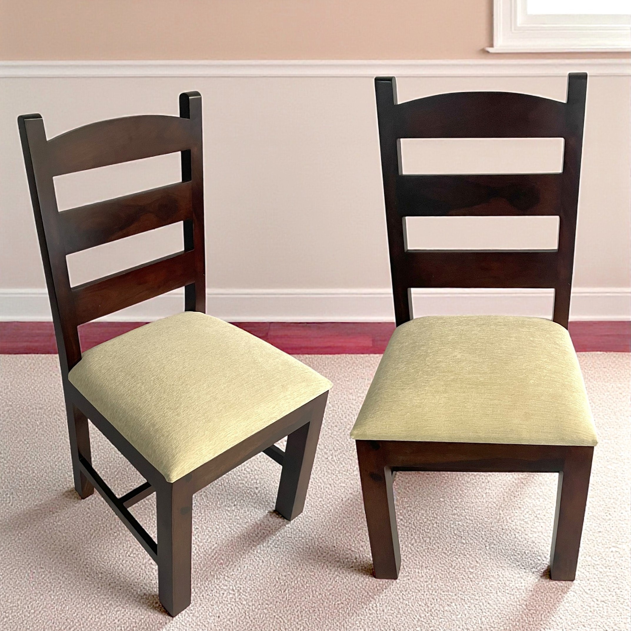 Newport Solid Wood Dining Chair in Dark Walnut Finish & Beige Colour - Set of 2 - Ikiriya