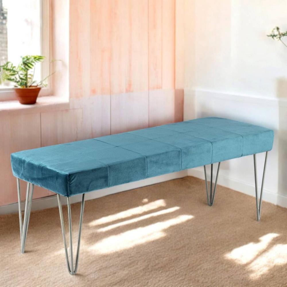 Belmont Sheesham Wood Accent 3 Seater Bench With Metal Legs In Turquoise Sea Velvet