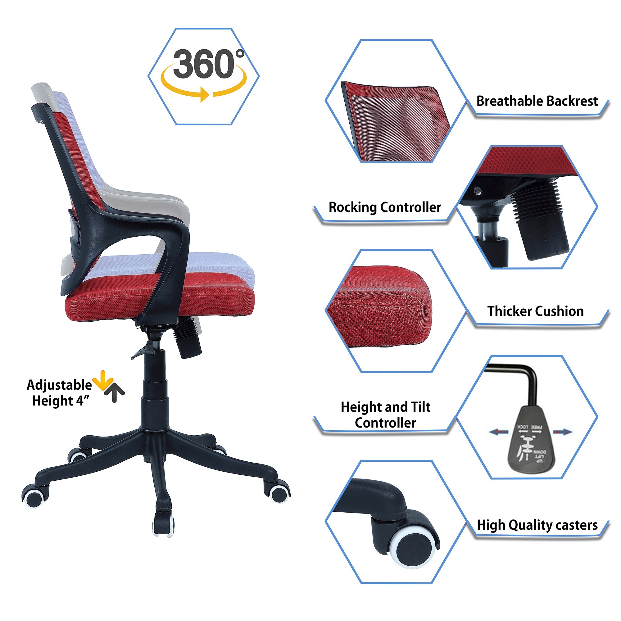 Ddeasirea Mid Back Ergonomic Chair in Red Colour