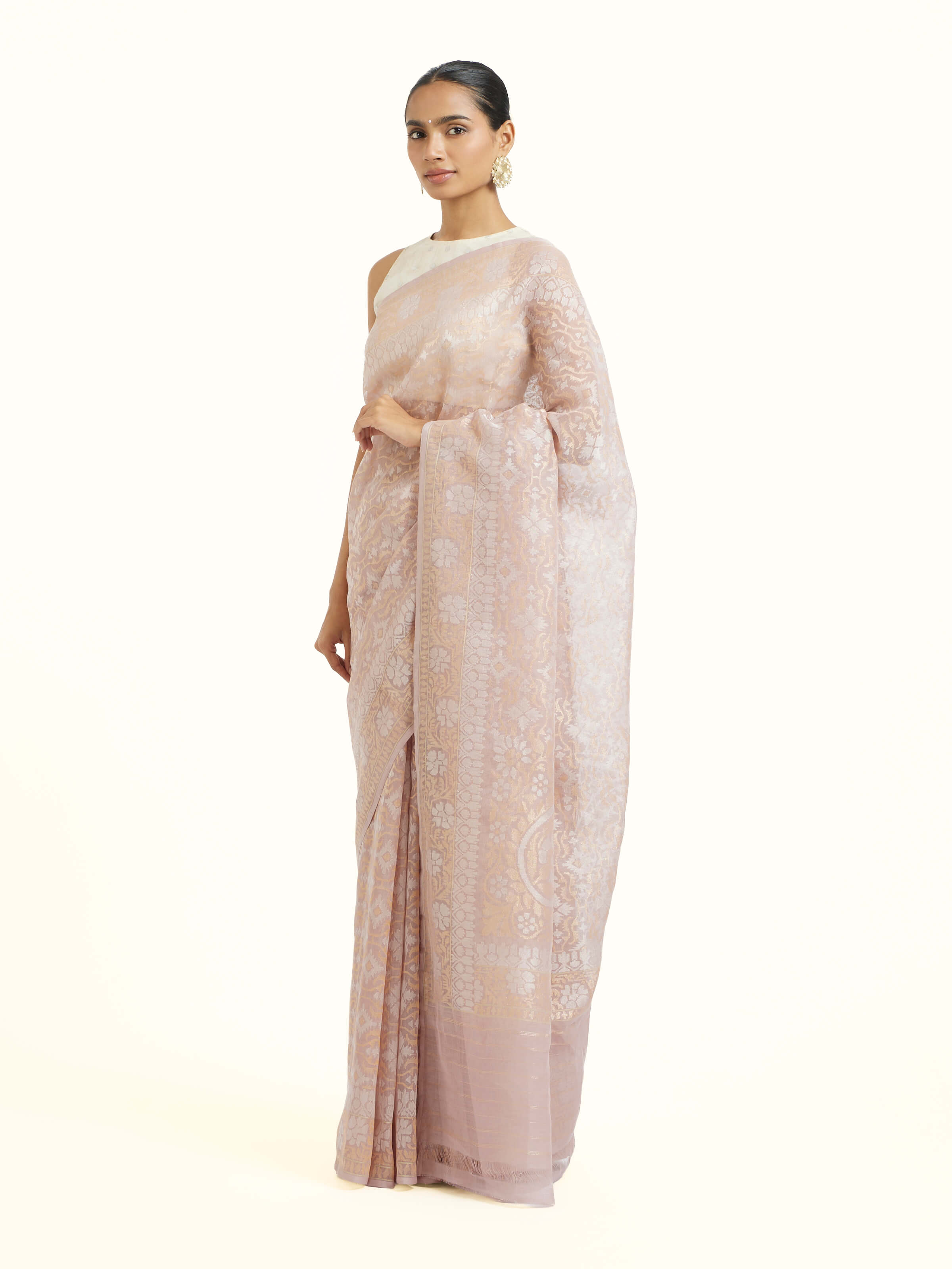 Side view of the Peach Cotton Awadh Jamdani Banarasi Saree