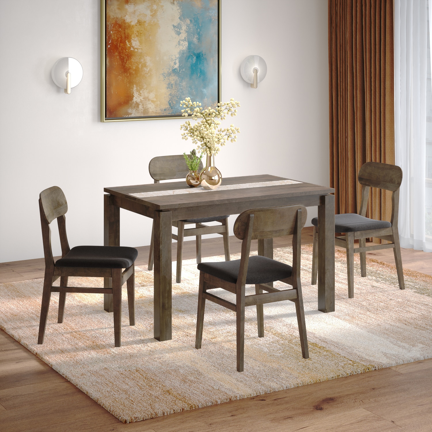 Atlas Crest Storage Solid Wood 4 Seater Dining Table With 4 Lunar Dining Chairs (Finish : Danish Walnut, Chair Colour : Urban Grey)