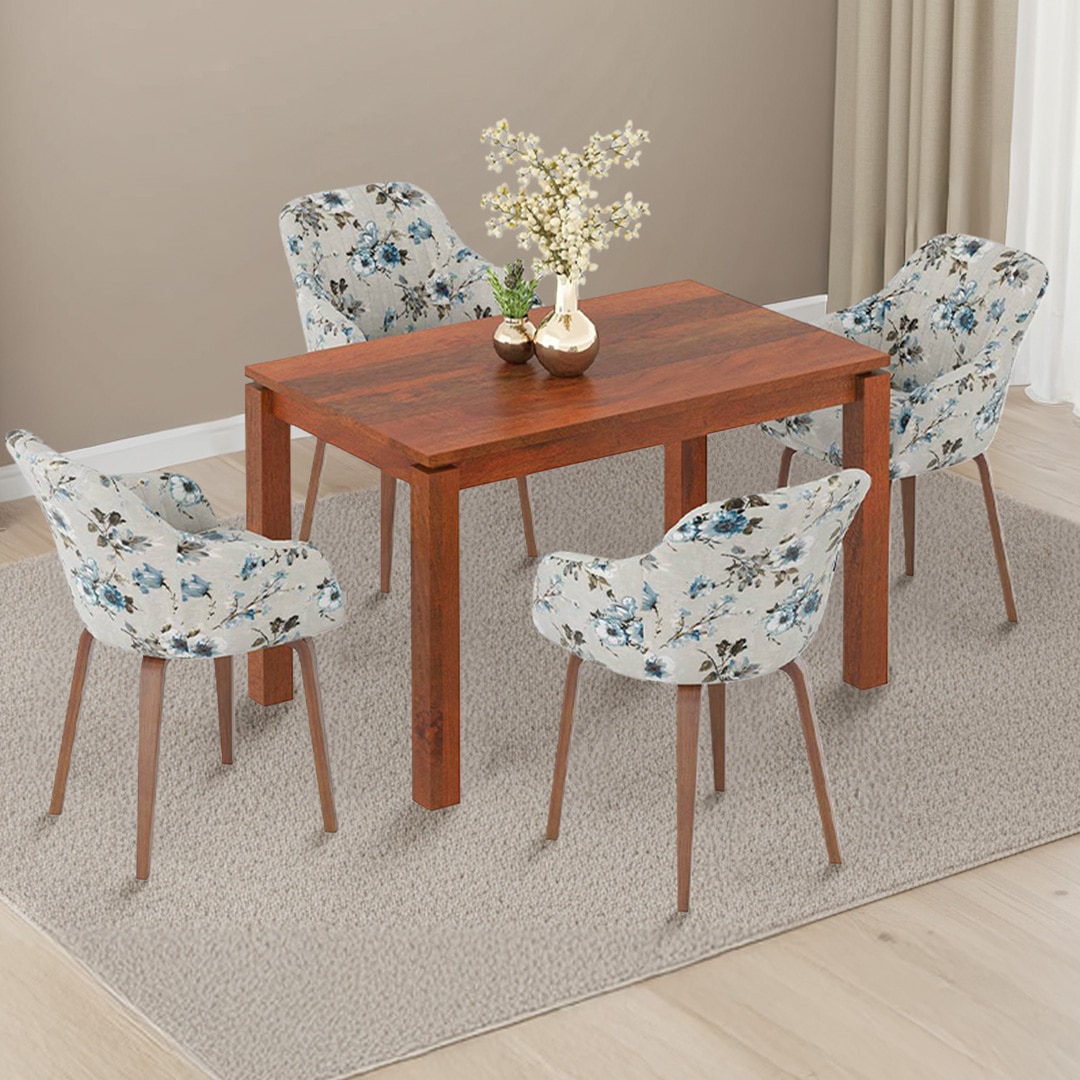 Atlas Solid Wood 4 Seater Dining Table With 4 Rochelle Lounge Chairs (Finish : Honey, Chair Colour : Adrian Velvet)