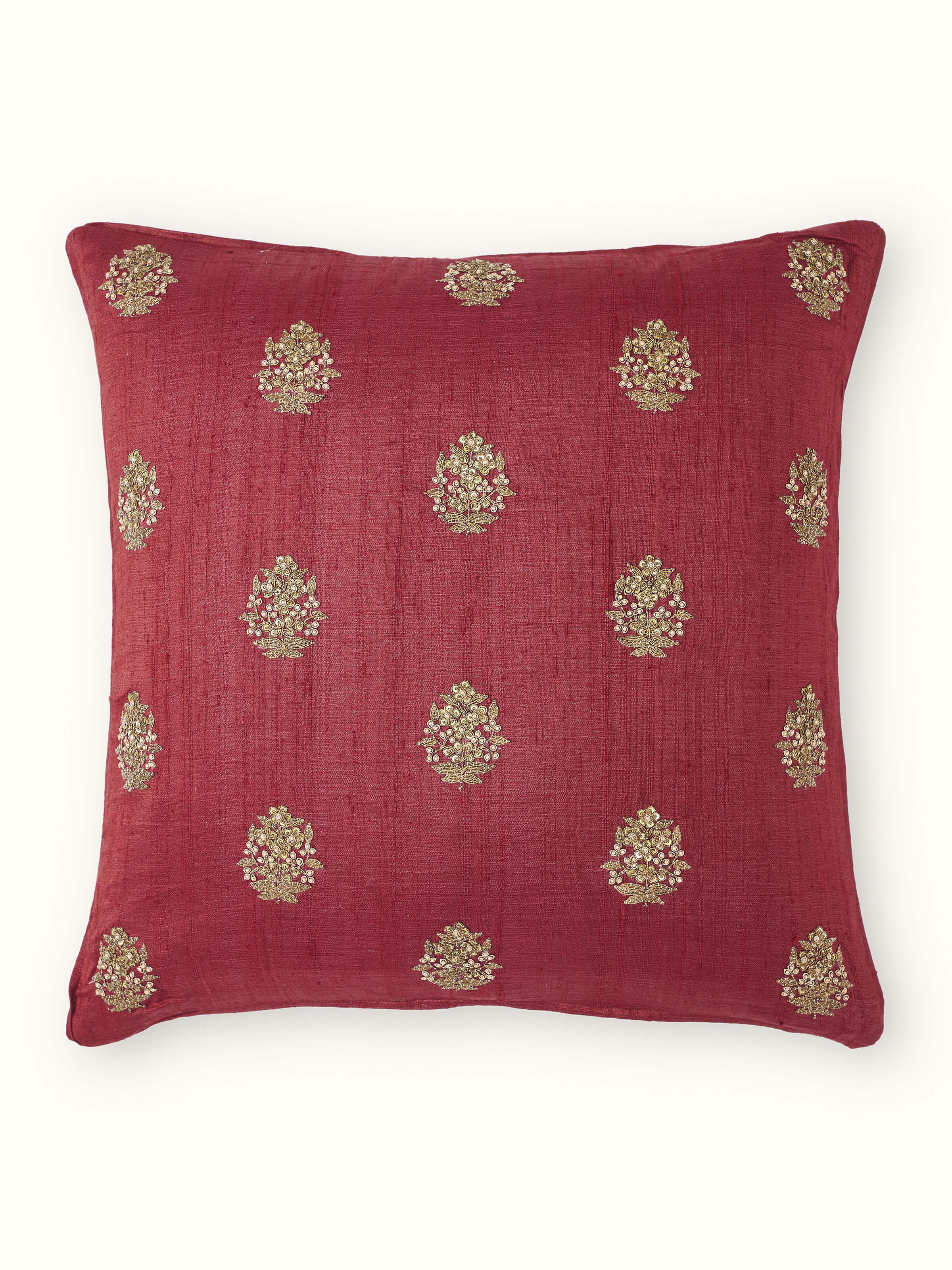 Alankar Maroon Buti Silk Zardozi Hand Embroidered Cushion Cover