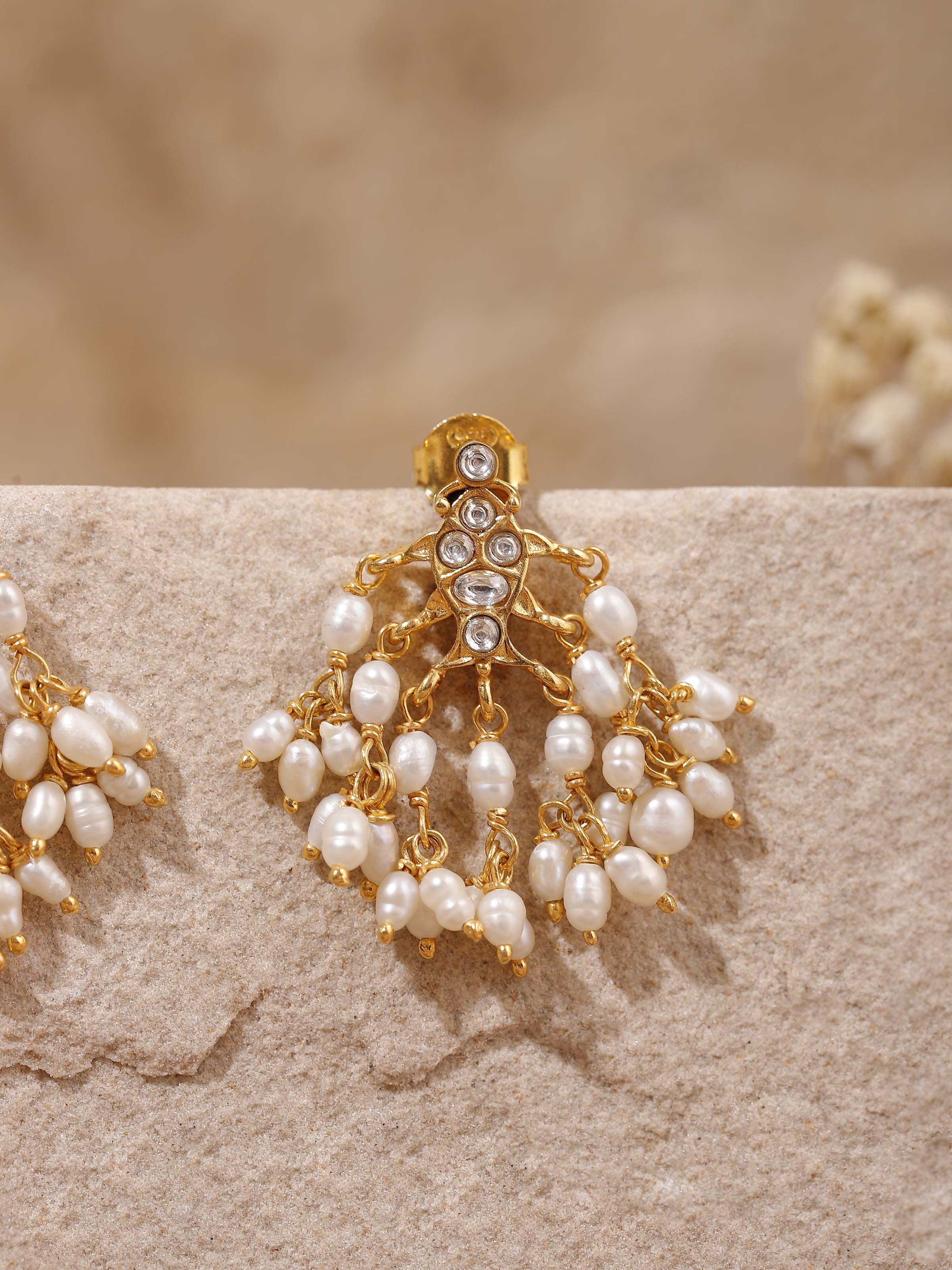 Detail shot highlighting the fine pearl fringe of Guttapusalu Silver Drop Earrings.