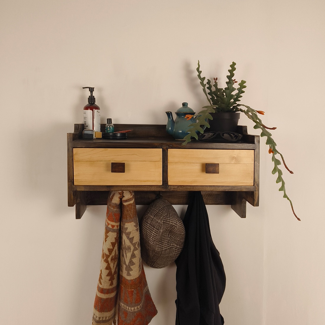Golden Oak Wooden Wall Shelf With Drawers & Key Holders