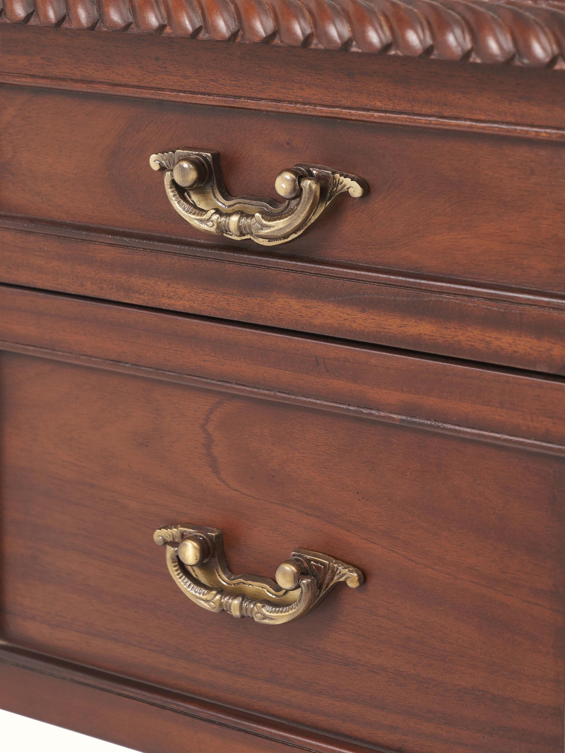 Drawer detail view of Mahogany wood study table showing smooth pull-out drawers and inner finish