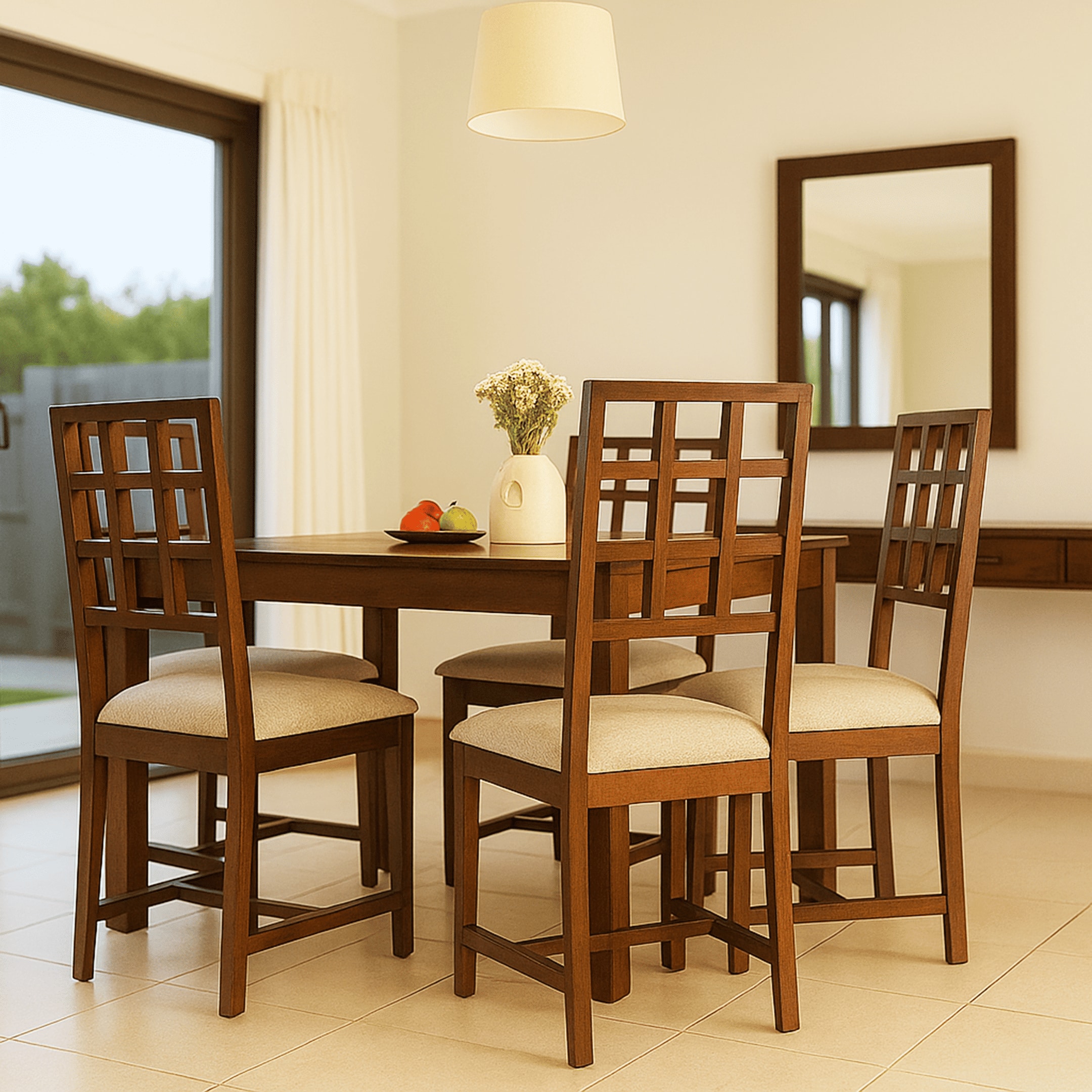 Globally Indian Sheesham Wood 4 Seater Dining Table Set With 4 Seater  Cushioned Chairs - Block Backrest