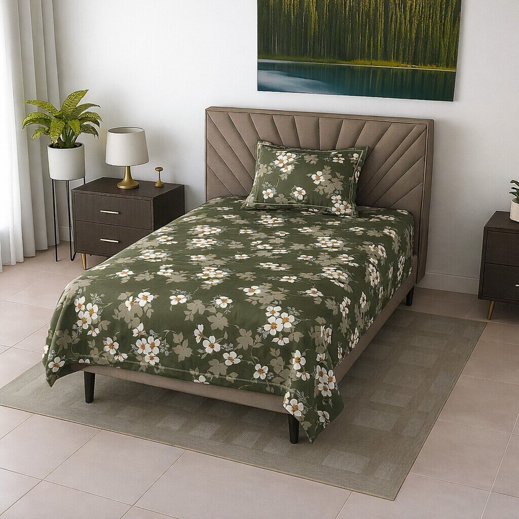 Willow Dark Green Floral 290 TC Cotton Flat Single Size Bedsheet with 1 Pillow Cover – Threads - Threads