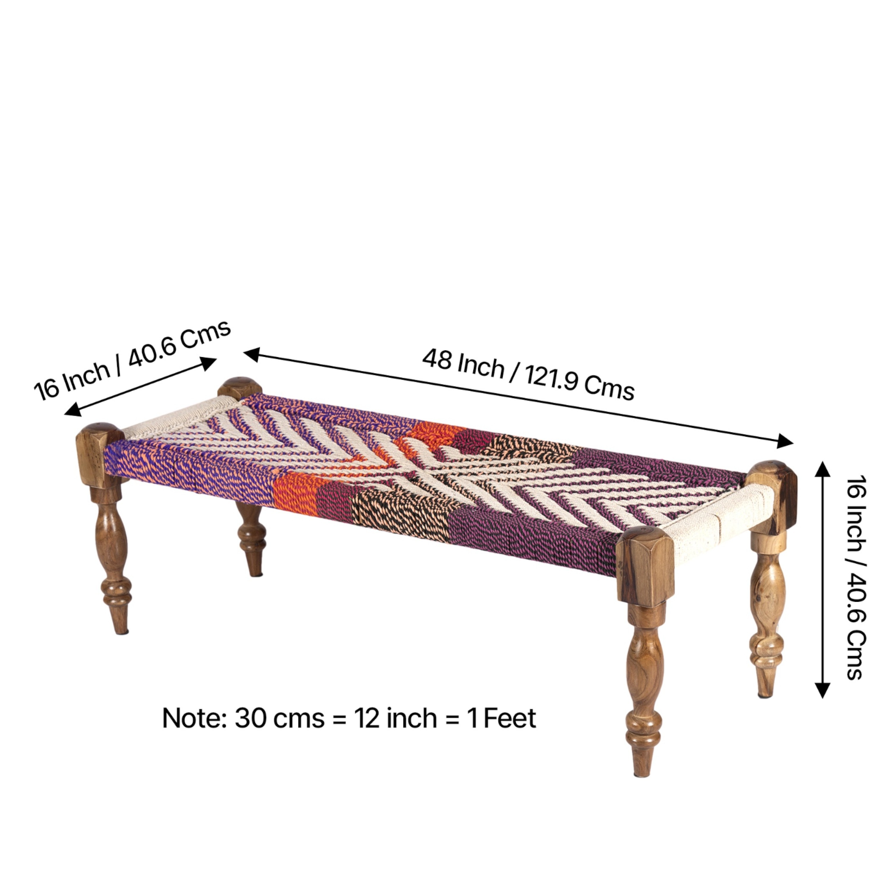 Hamilton Sheesham Wood 2 Seater Maachi Bench Set With 2 Stools In Assorted Multi-Colour Chindi & White Rope Canning