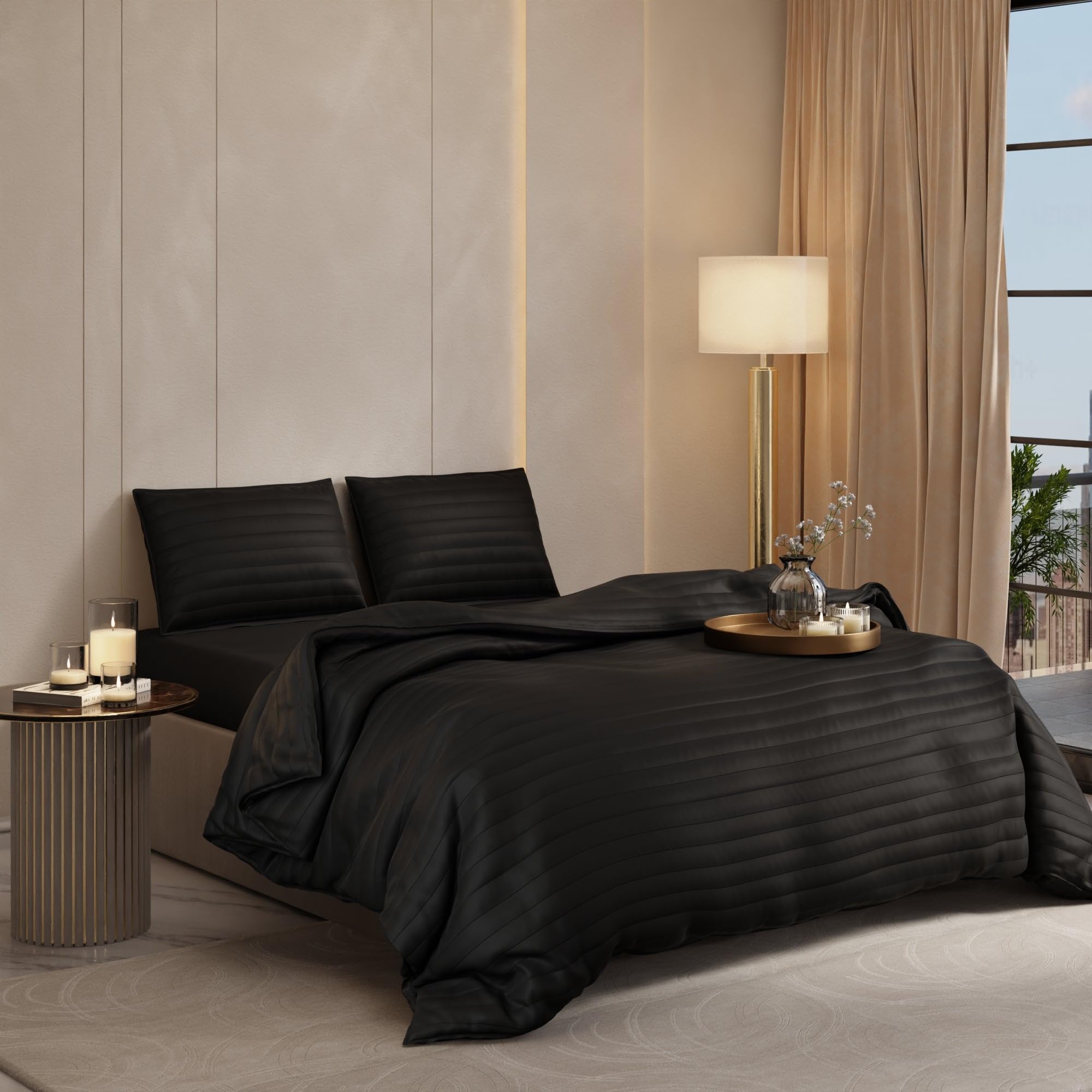Stoa Paris Sateen Quilted King Size Bed Cover with 2 Pillow Covers (100 x 108) lted King Midnight Black - Stoa Paris
