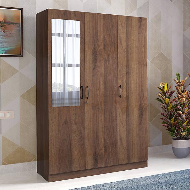 Zoey Engineered Wood 3 Door Wardrobe With Mirror in Classic Walnut Finish