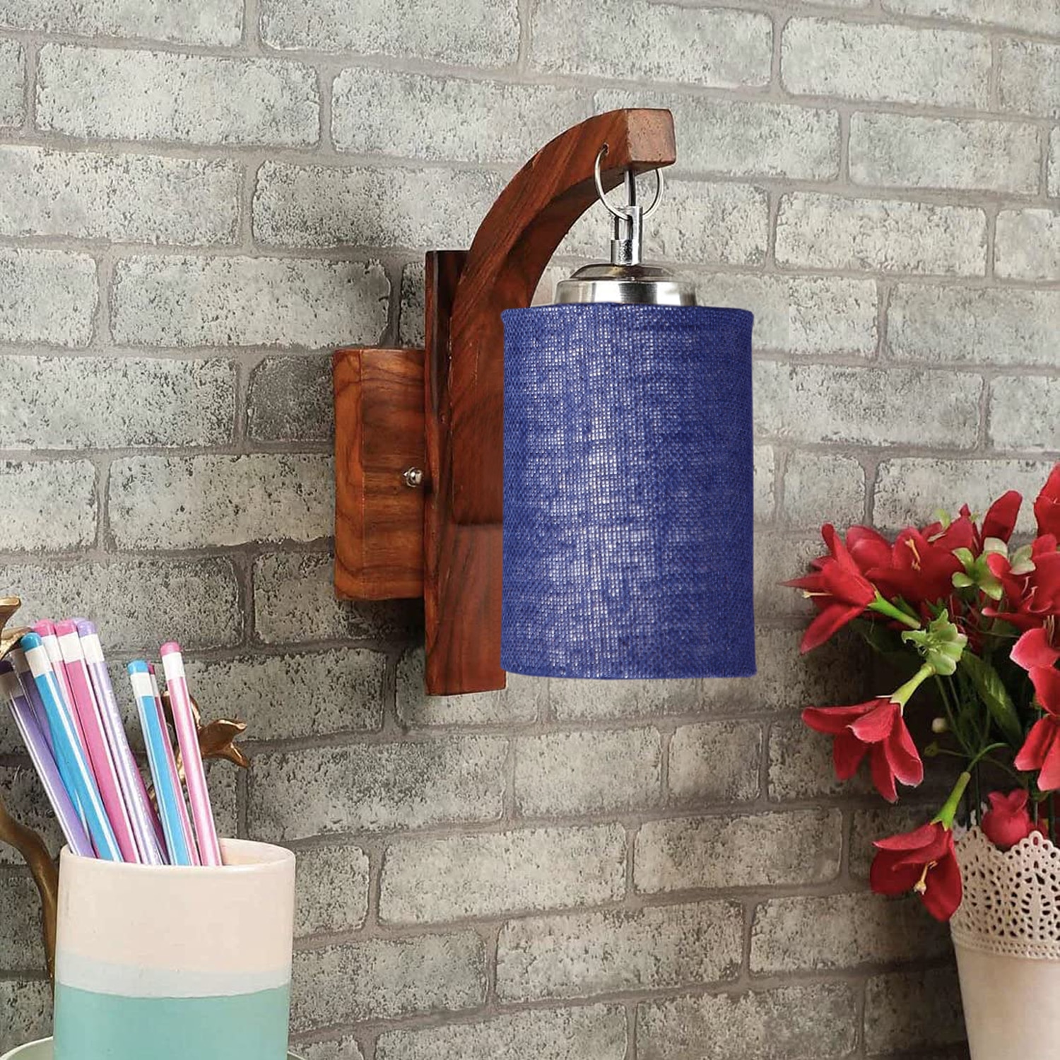 Devansh Solid Wood Electric Wall Light in Brown Colour with Blue Shade Count of 1 Light - Devansh