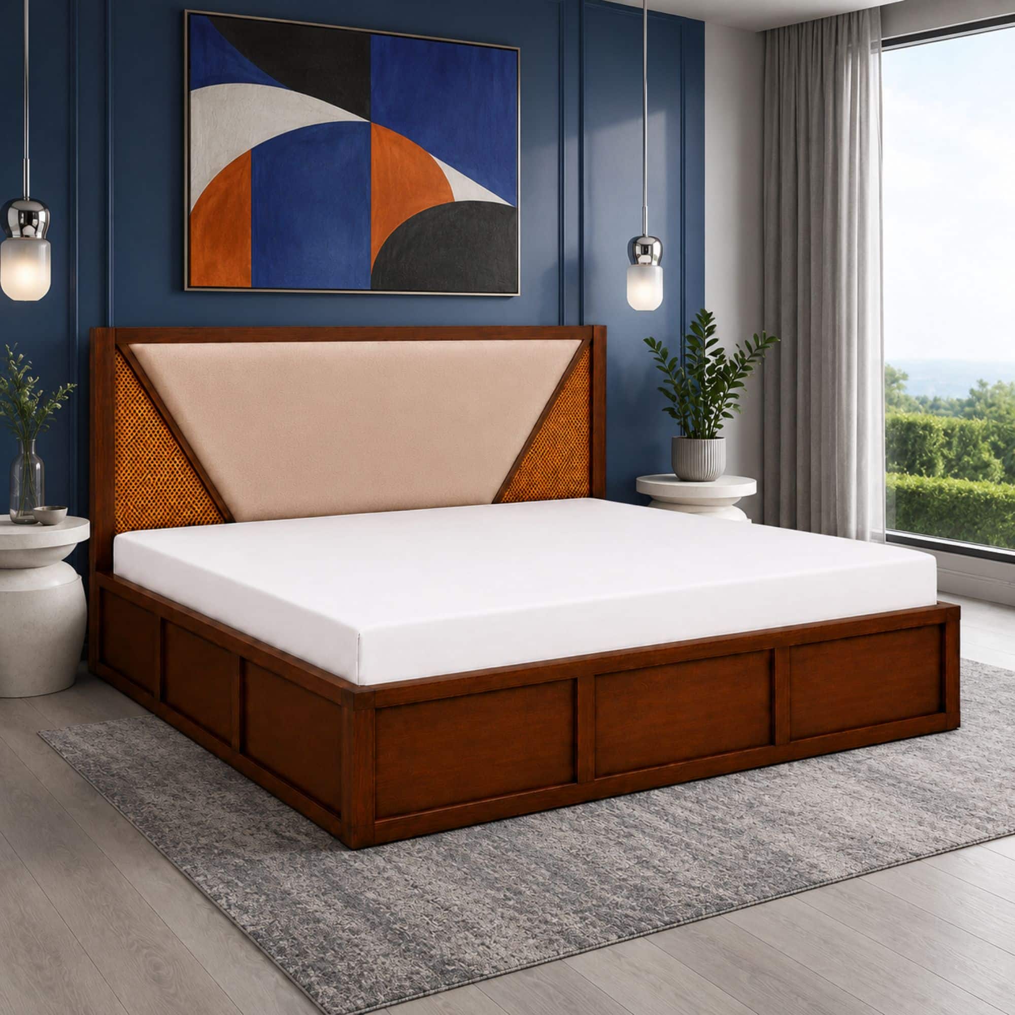 Shilp Solid Wood Compact King Bed Box Storage Provincial Teak Finish Mattress 72 x 72 Inches - Globally Indian