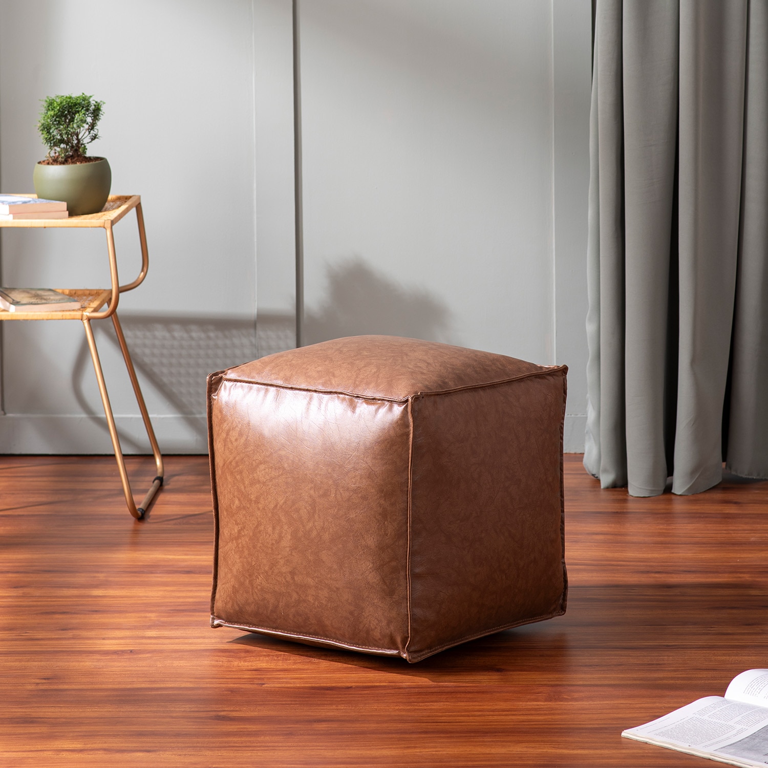 Cuboid Collection Brown Faux Leather Pouf Ottoman - Nestroots