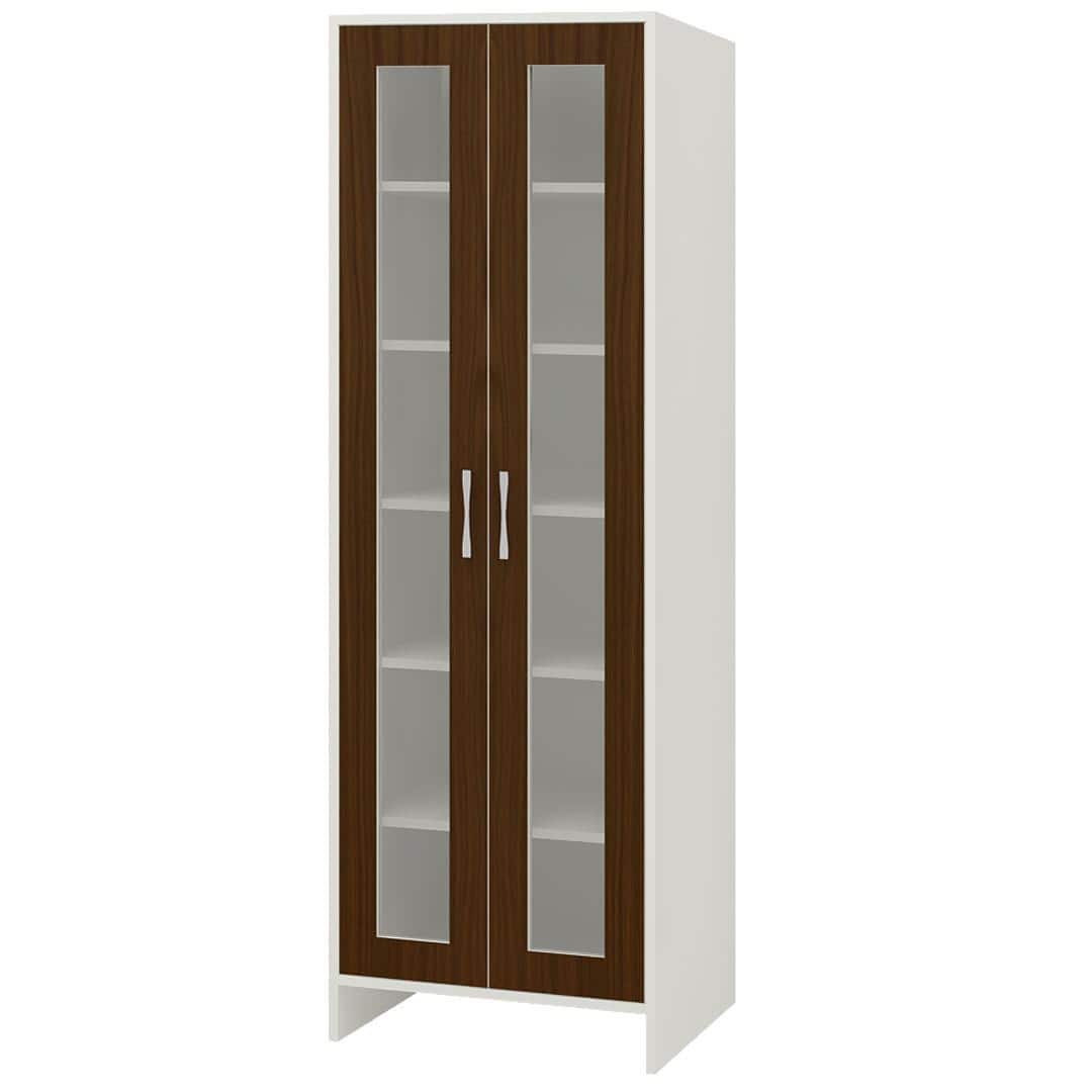 Atlanta Tall Crockery cum Bookshelf Cabinet with Toughened Glass Shutters in Coffee Walnut Colour