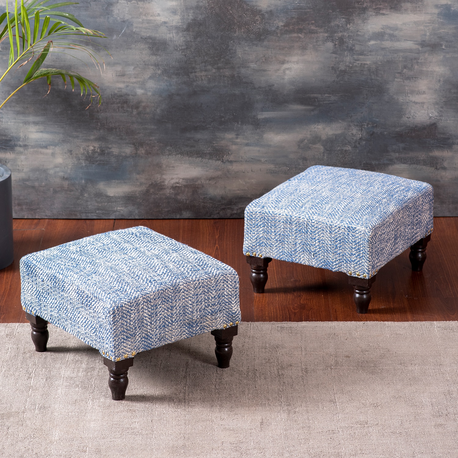 Slub Jacquard Wooden Footrests in Blue Color Set of 2 - Nestroots