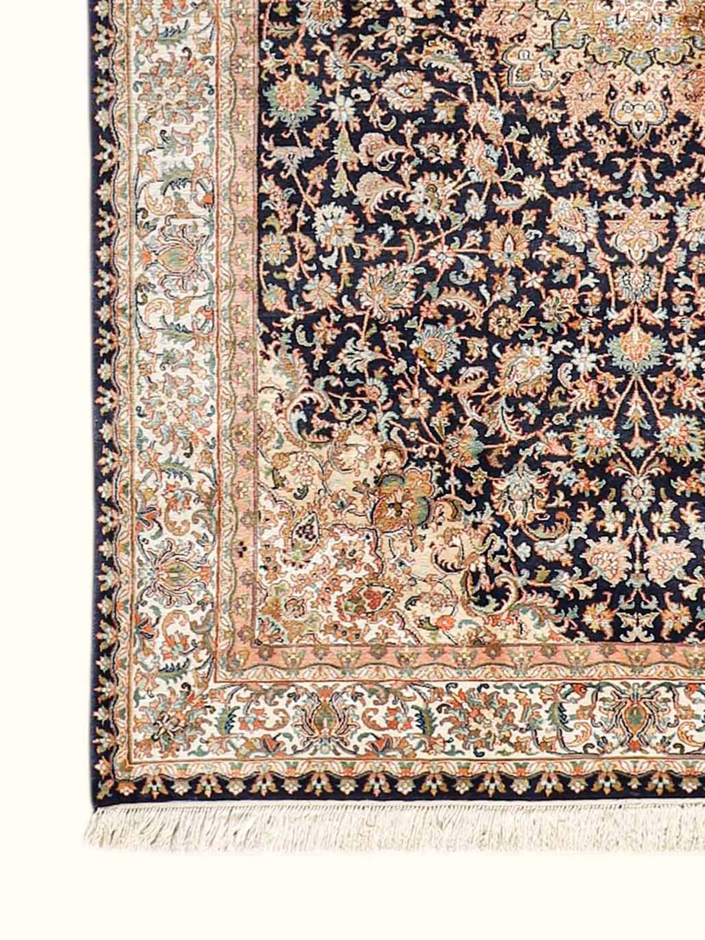 Traditional Persian Navy Ivory Kashan Kashmir Silk Hand-Knotted Carpet