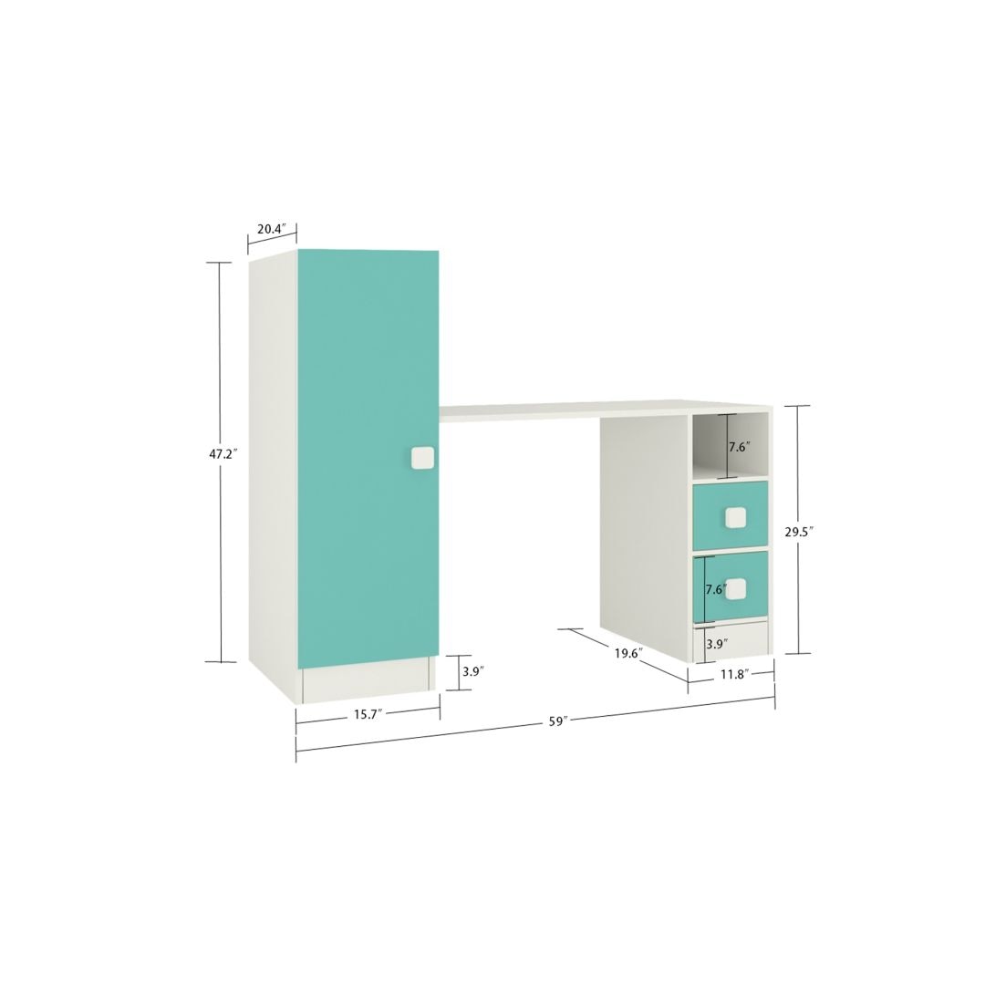 Rio Kids Large Study Desk with Drawers Built In Bookshelf and Square Handles in Misty Turquoise Colour