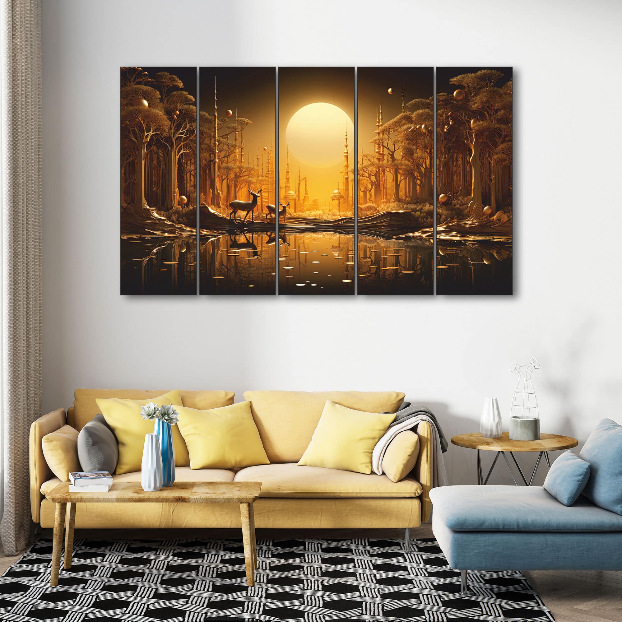 The Castle Decor Golden Deer Wall Painting Wooden Framed Digital Painting 27x48 Inch (Style 3) - The Castle Decor