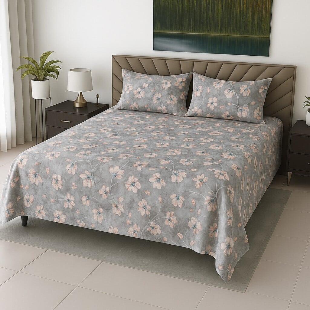 Grey Floral 400 TC Cotton Flat Super King Size Bedsheet With 2 Pilllow Covers From Threads - Threads