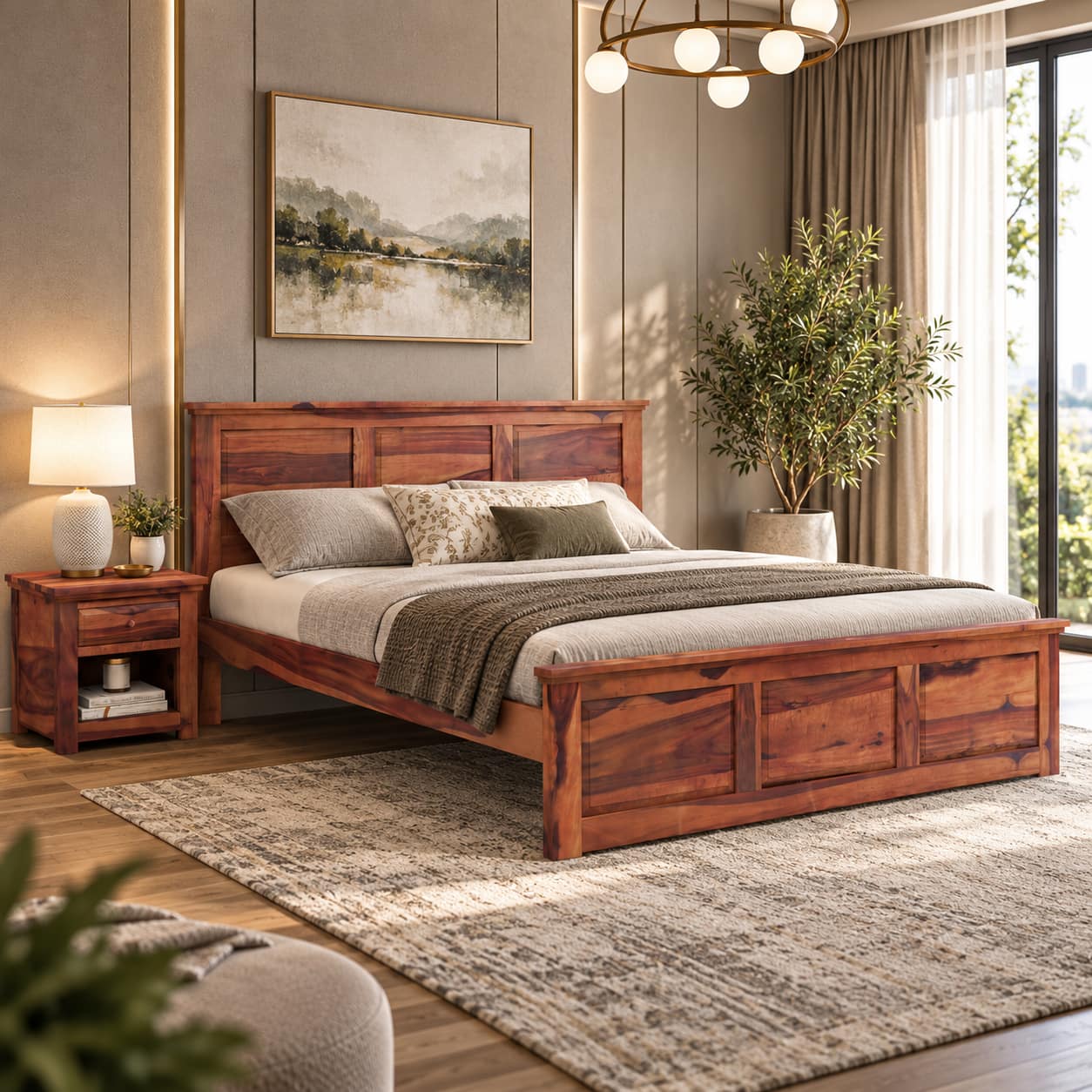 Stainfleld Solid Wood Queen Size Bed Without Storage (Teak Finish)