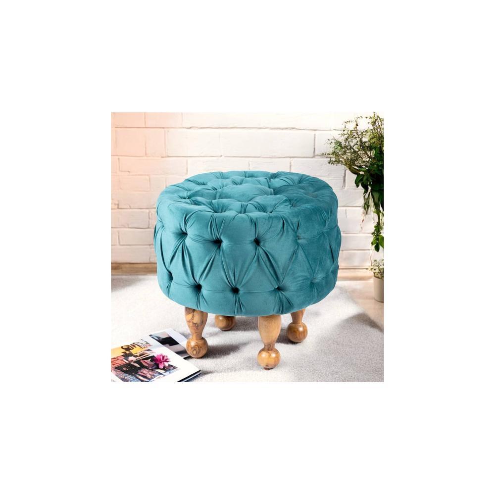Louisville Acacia Wood Accent Round Pouf Stool in Turquoise