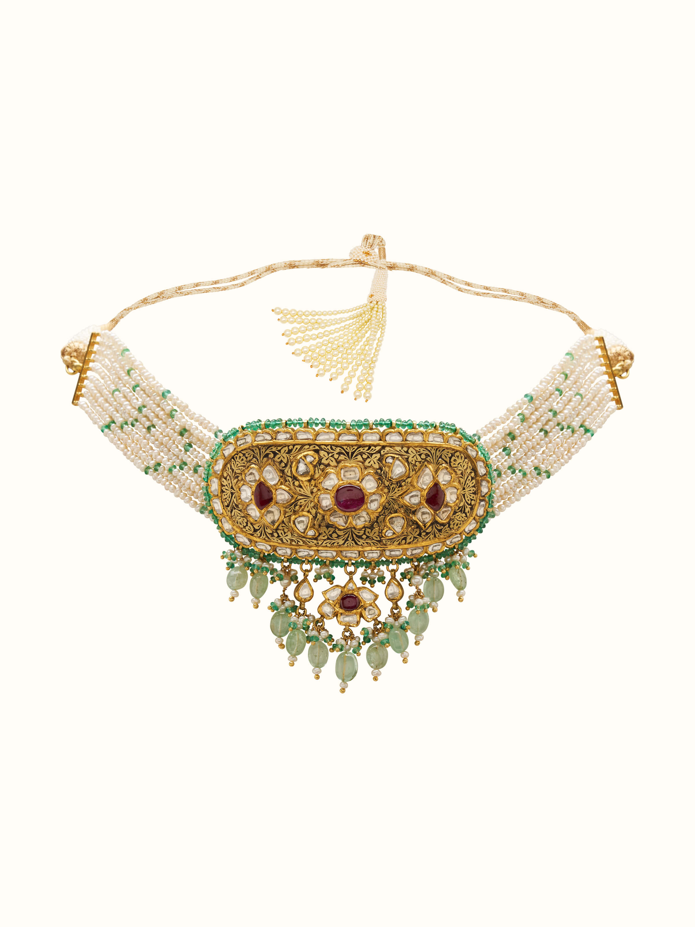 Front view of Partash 18 Karat gold choker showcasing intricate handcrafted detailing and elegant curved form.