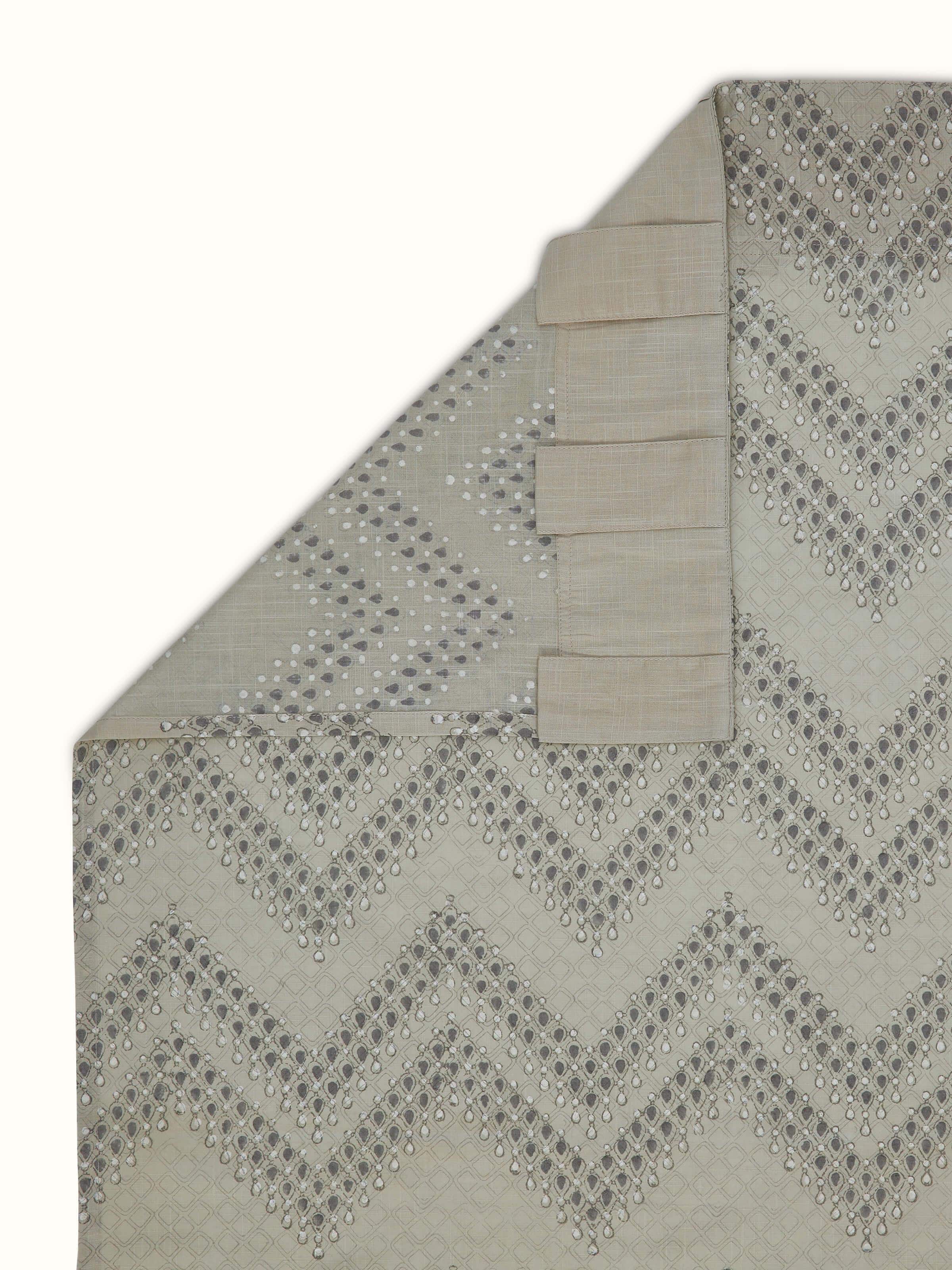 Rambagh Light Green Geo Chevron Cotton Sanganeri Hand Block Printed Curtain (9 Ft)