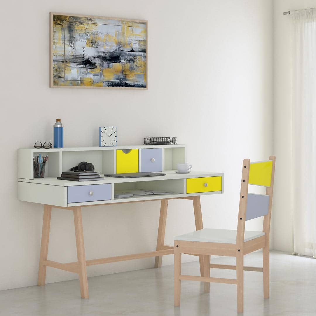 Samara Solid Wood Large 2 Level Study Desk with Drawers Shelves and Tapered Frame in Davy Grey Sunshine Yellow Colour