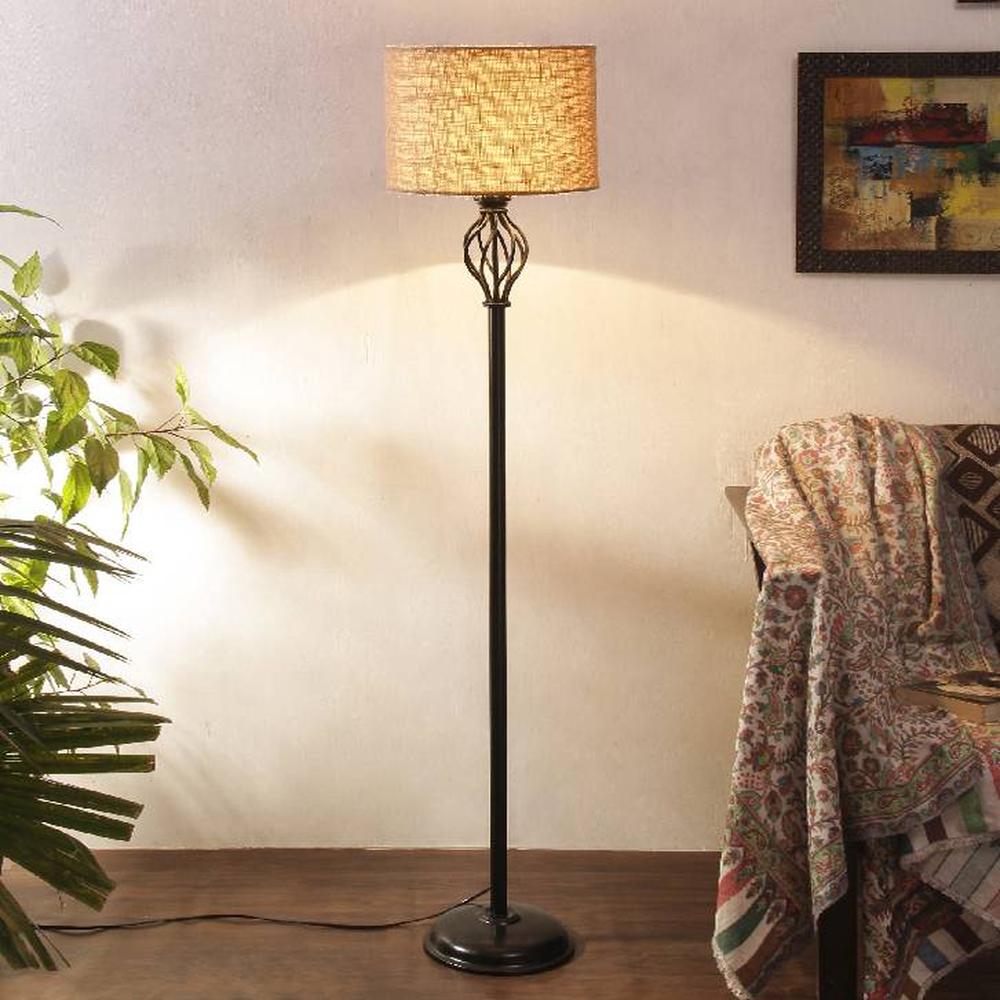 Claude Beige Natural Fiber Floor Lamp with Black Iron Base