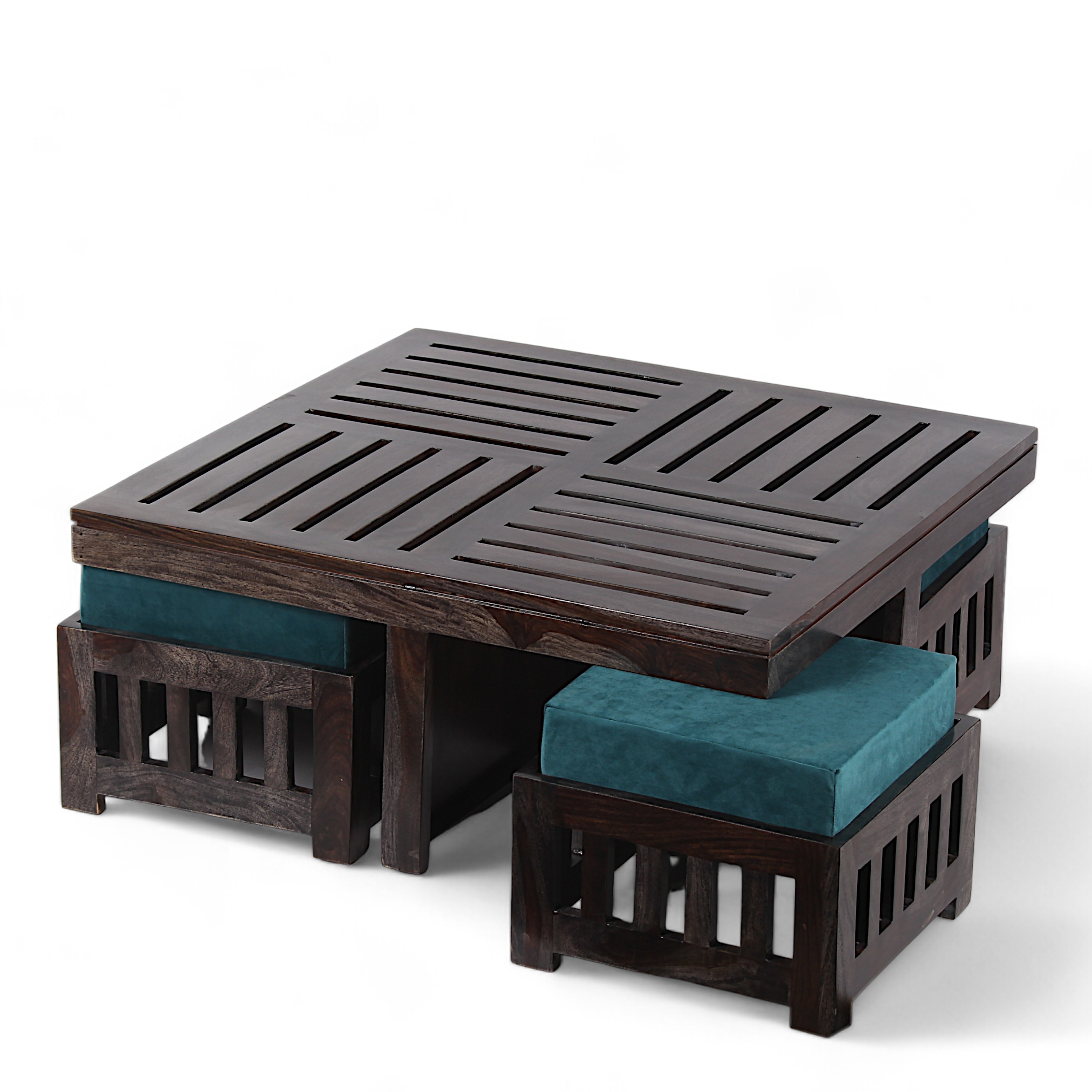Palladio Sheesham Wood Coffee Table With 4 Stools Set In Mahogany Finish & Turquoise Sea Velvet Fabric Cushions