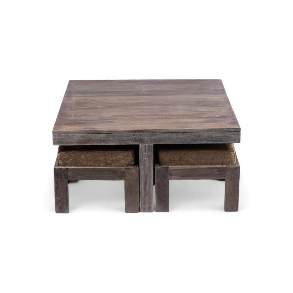 Blane Sheesham Wood 4 Seater Coffee Table Set In Antique Grey Finish Green Sparkle Velvet Cushion