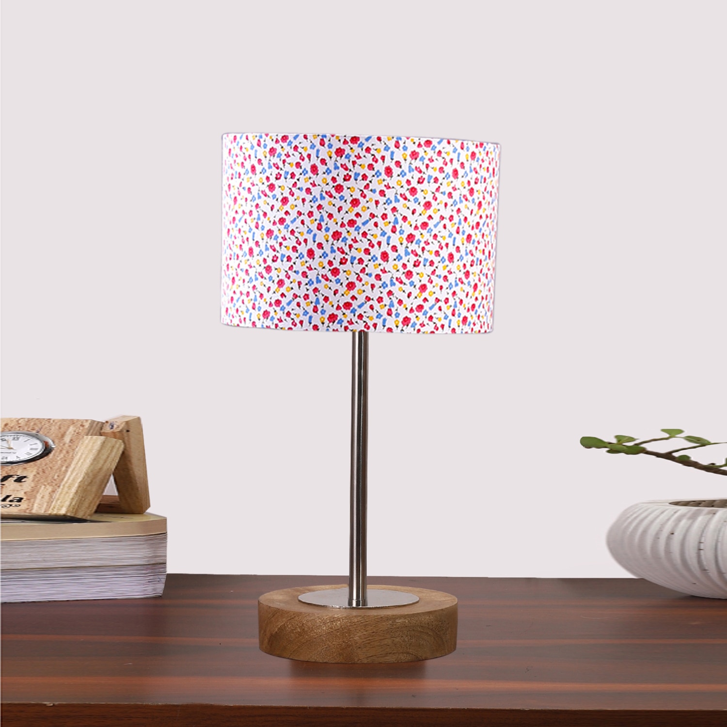 Devansh Multicolor Cotton Table Lamp With  Natural  Wood Base  & Steel Pipe (7X17 Inches)-16 - Devansh