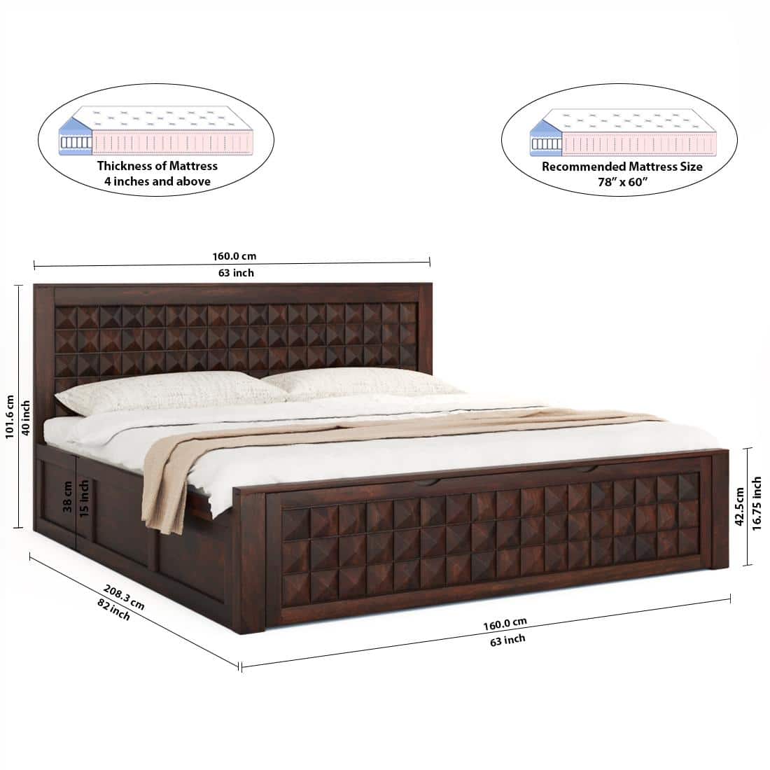 Keaton Sheesham Wood Queen Size Bed Drawer And Box Storage Walnut Finish (60 x 78 inches)