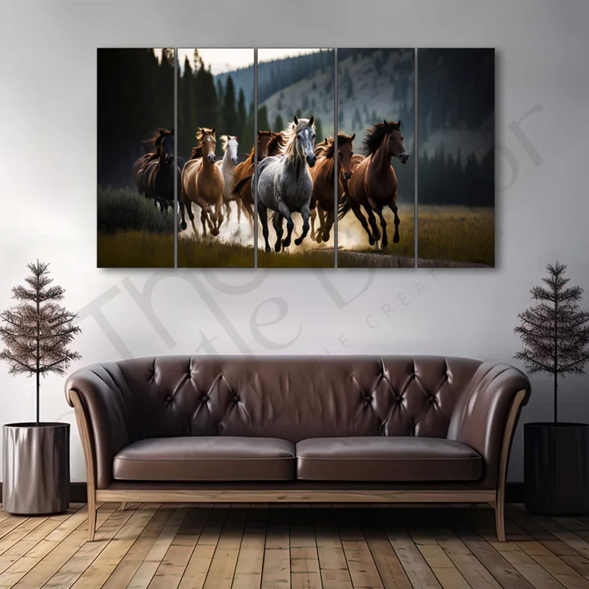 The Castle Decor 7 Running Horses Vastu Wall Painting Wooden Framed 27x48 Inch - The Castle Decor