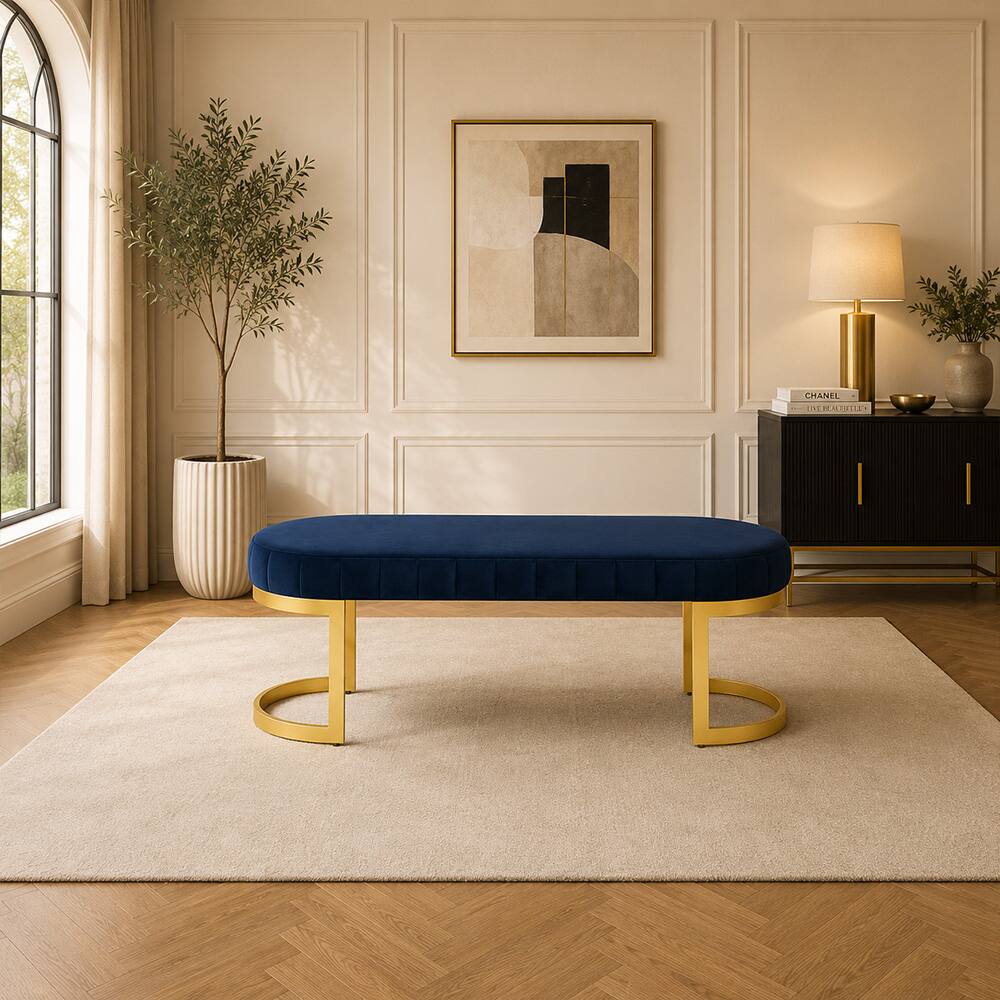 Doe Buck Upholstered Oval Bench in Blue Colour with Gold Loop Legs - Doe Buck
