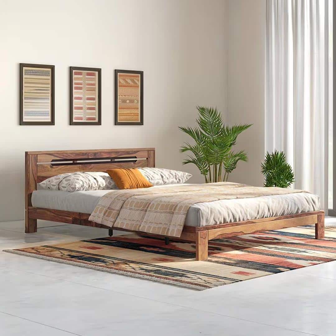 Amal Solid Wood Queen Size Bed In Teak Finish