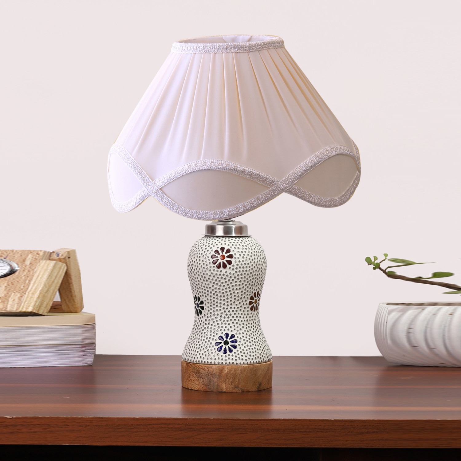 Devansh Off-White Vintage Cotton Pleated Shade Lamp With Wood & Mosaic Glass Base For Decoration/Office/Home/Gifting/Study For Decoration/Office/Home/Gifting/Study-image-49